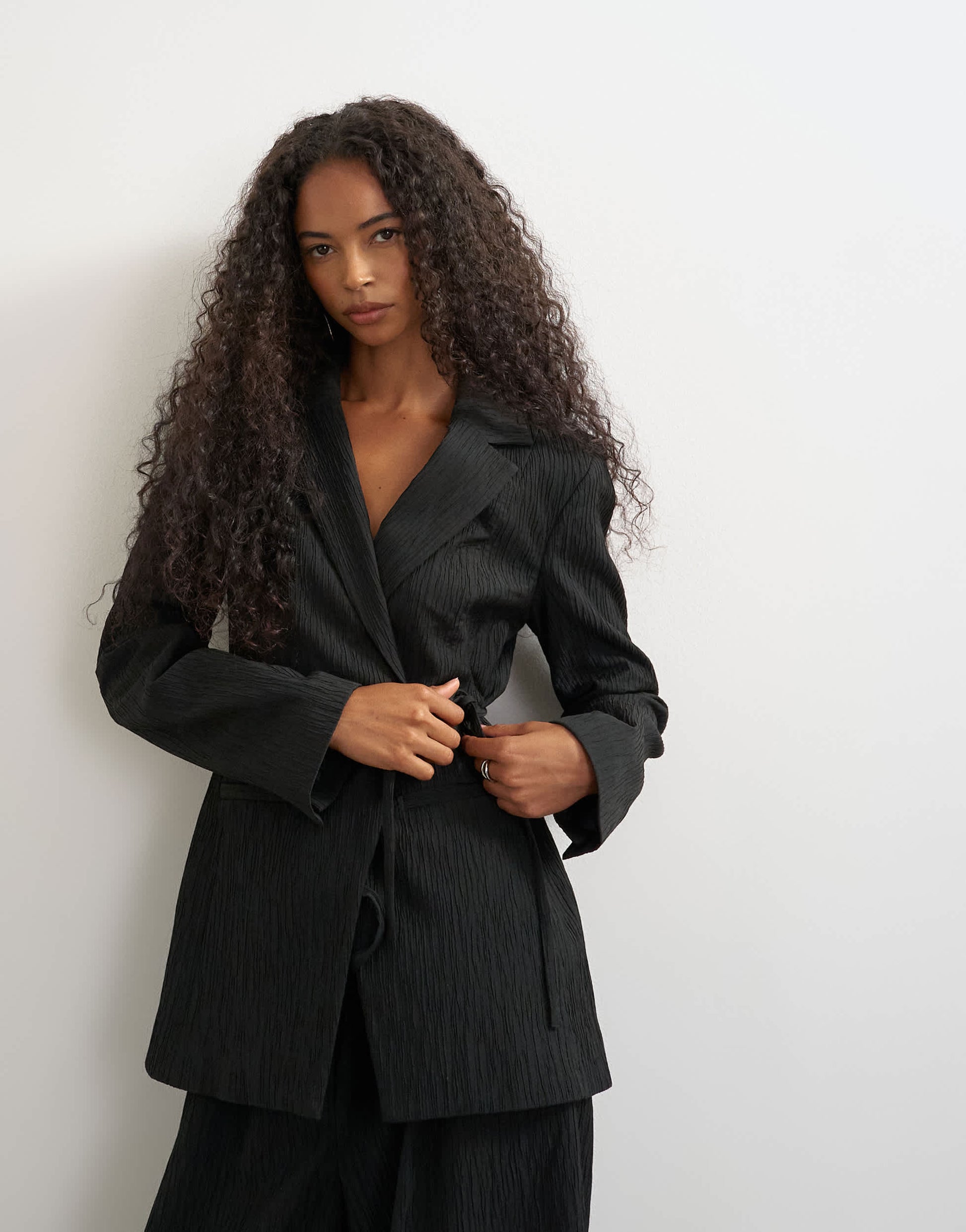 Topshop co ord occasion plisse tie waist blazer in black