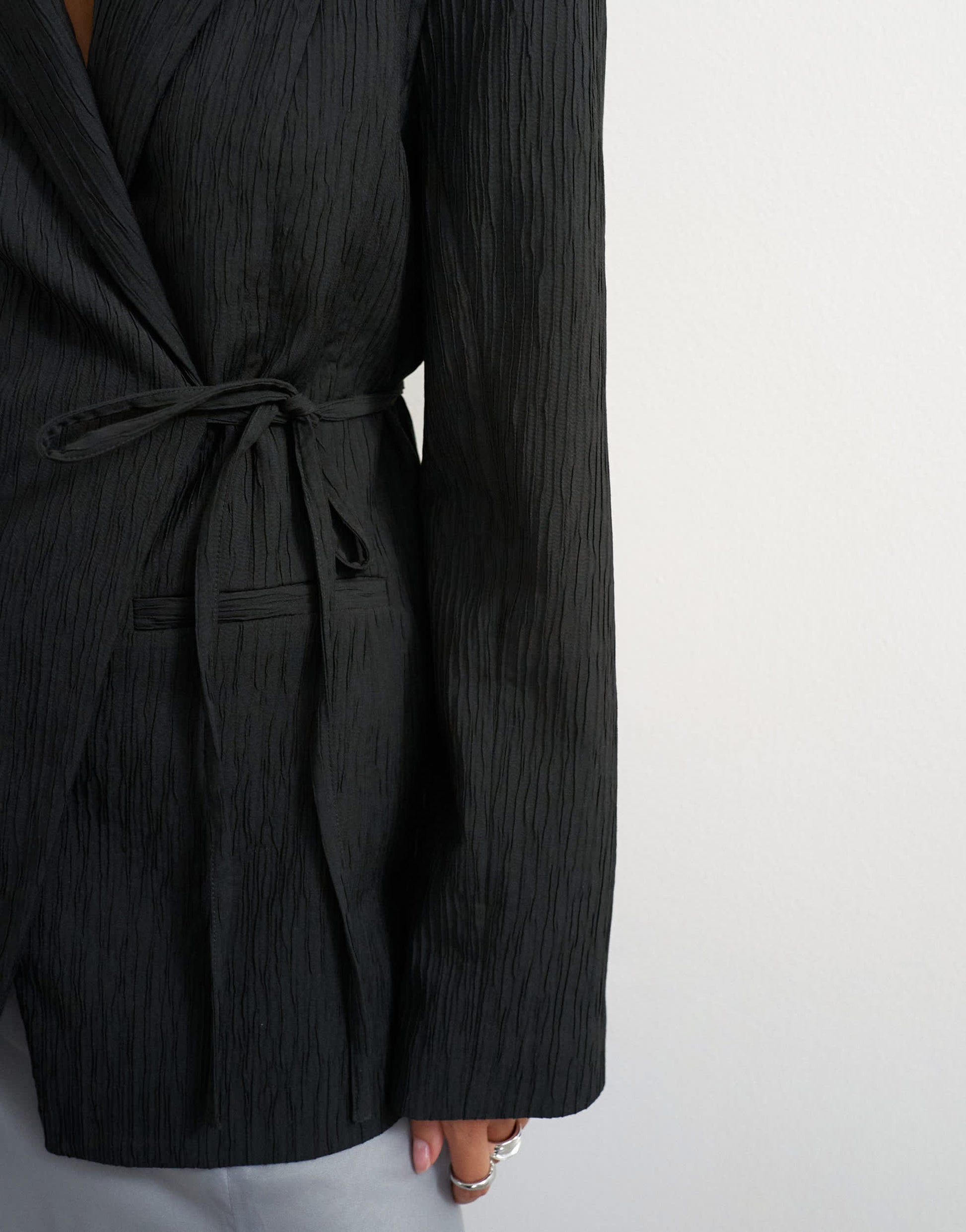 Topshop co ord occasion plisse tie waist blazer in black