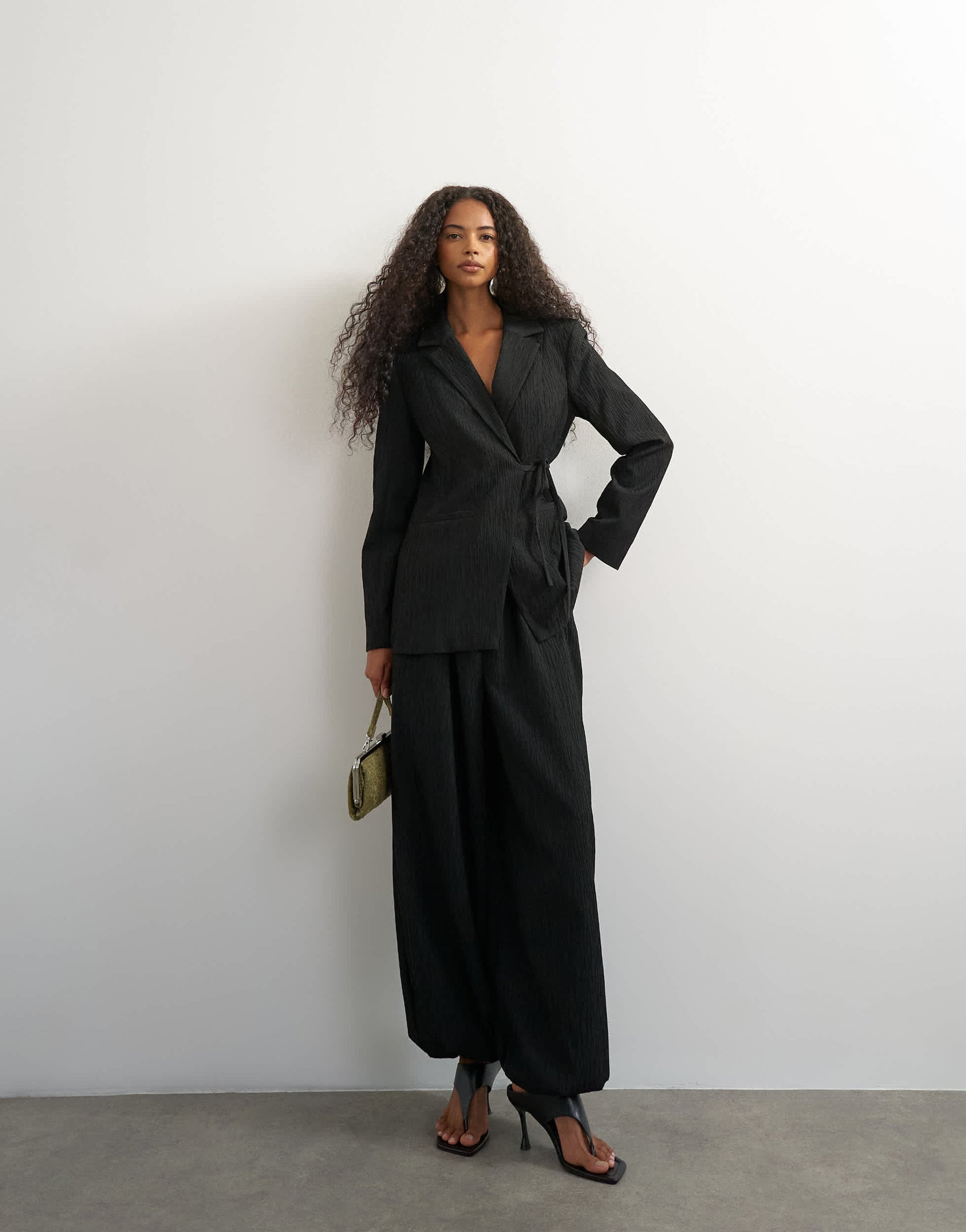 Topshop co ord occasion plisse tie waist blazer in black