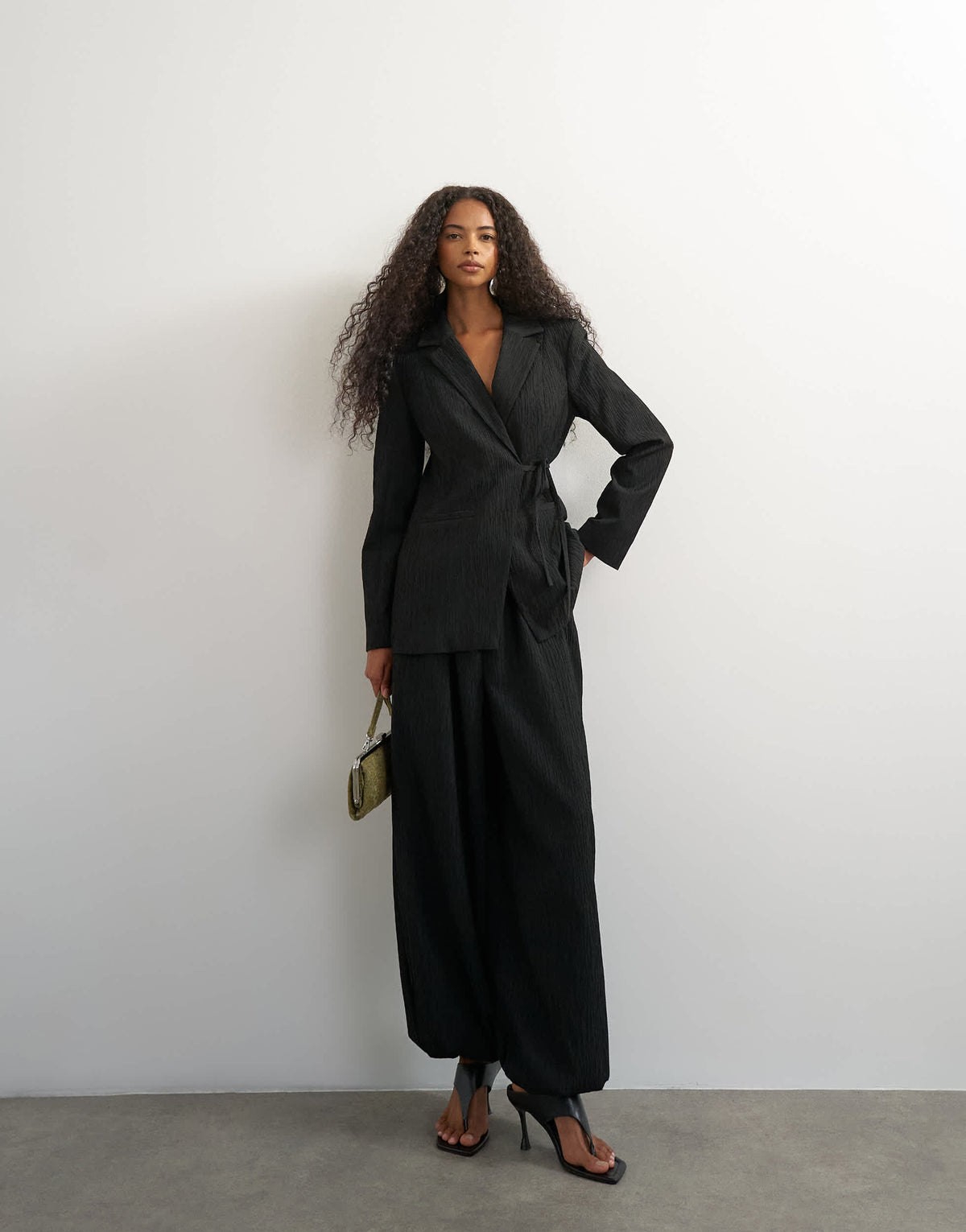 Topshop co ord occasion plisse tie waist blazer in black