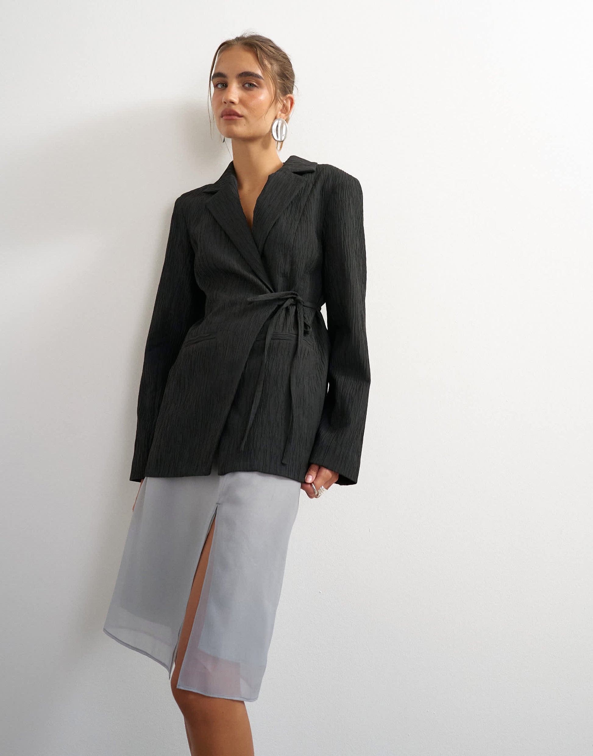 Topshop co ord occasion plisse tie waist blazer in black