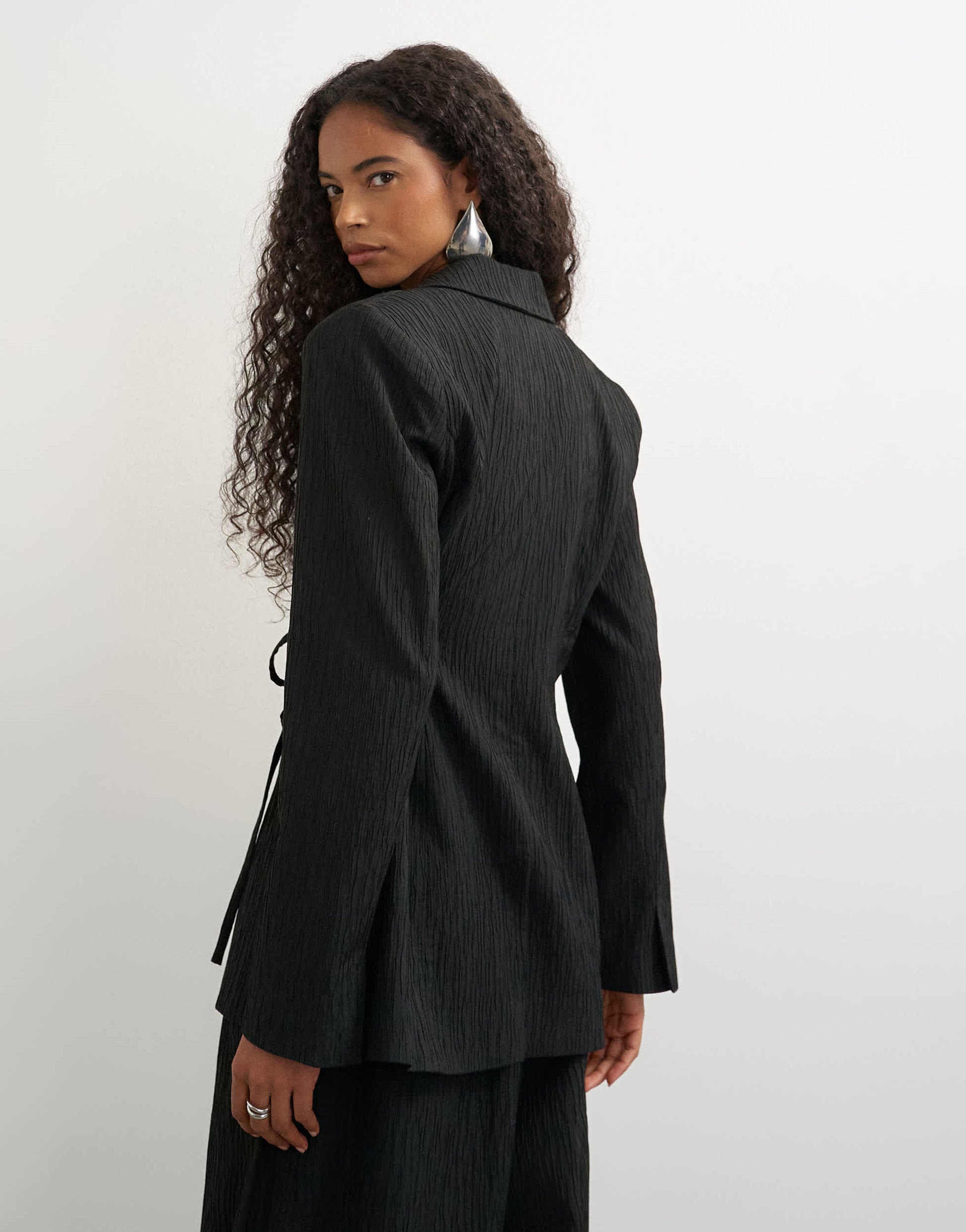 Topshop co ord occasion plisse tie waist blazer in black