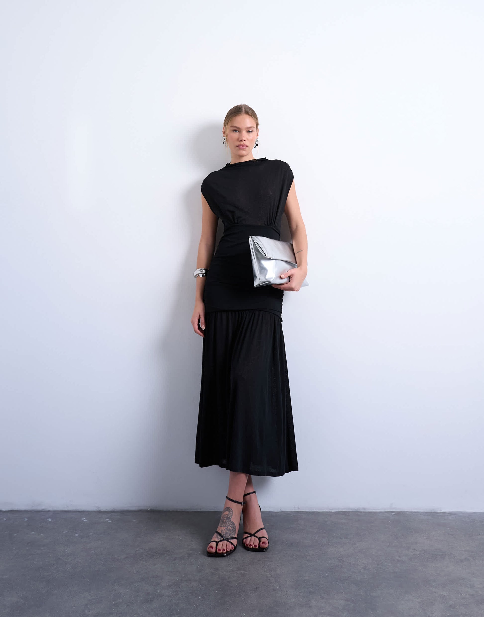 Topshop high neck ruched maxi dress in black