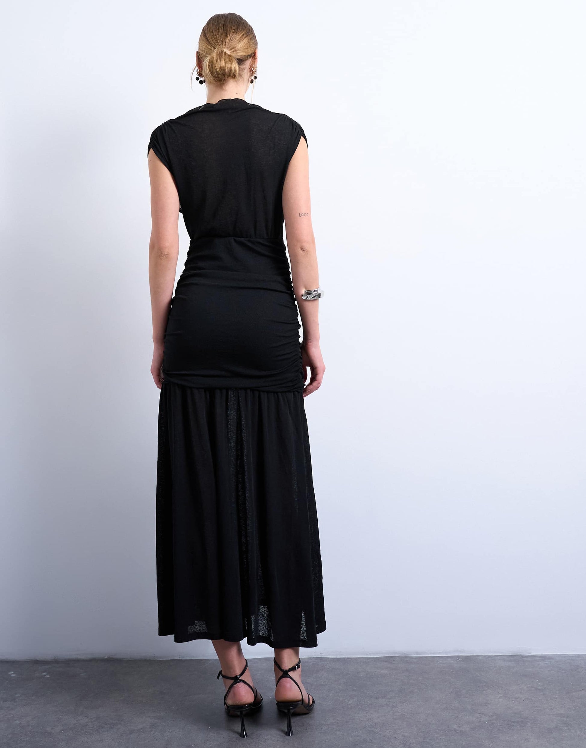 Topshop high neck ruched maxi dress in black