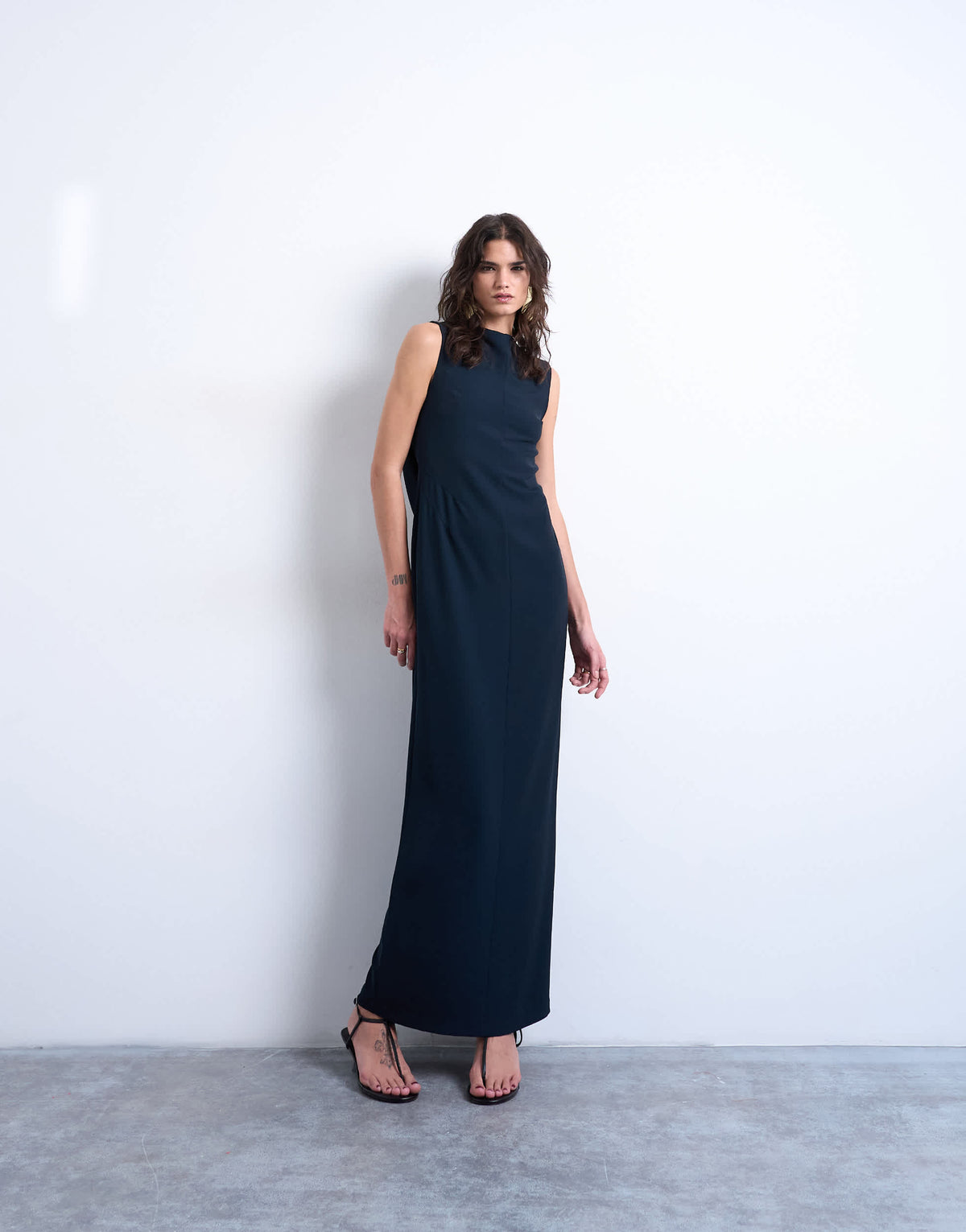 Topshop slash neck drape back maxi dress in navy