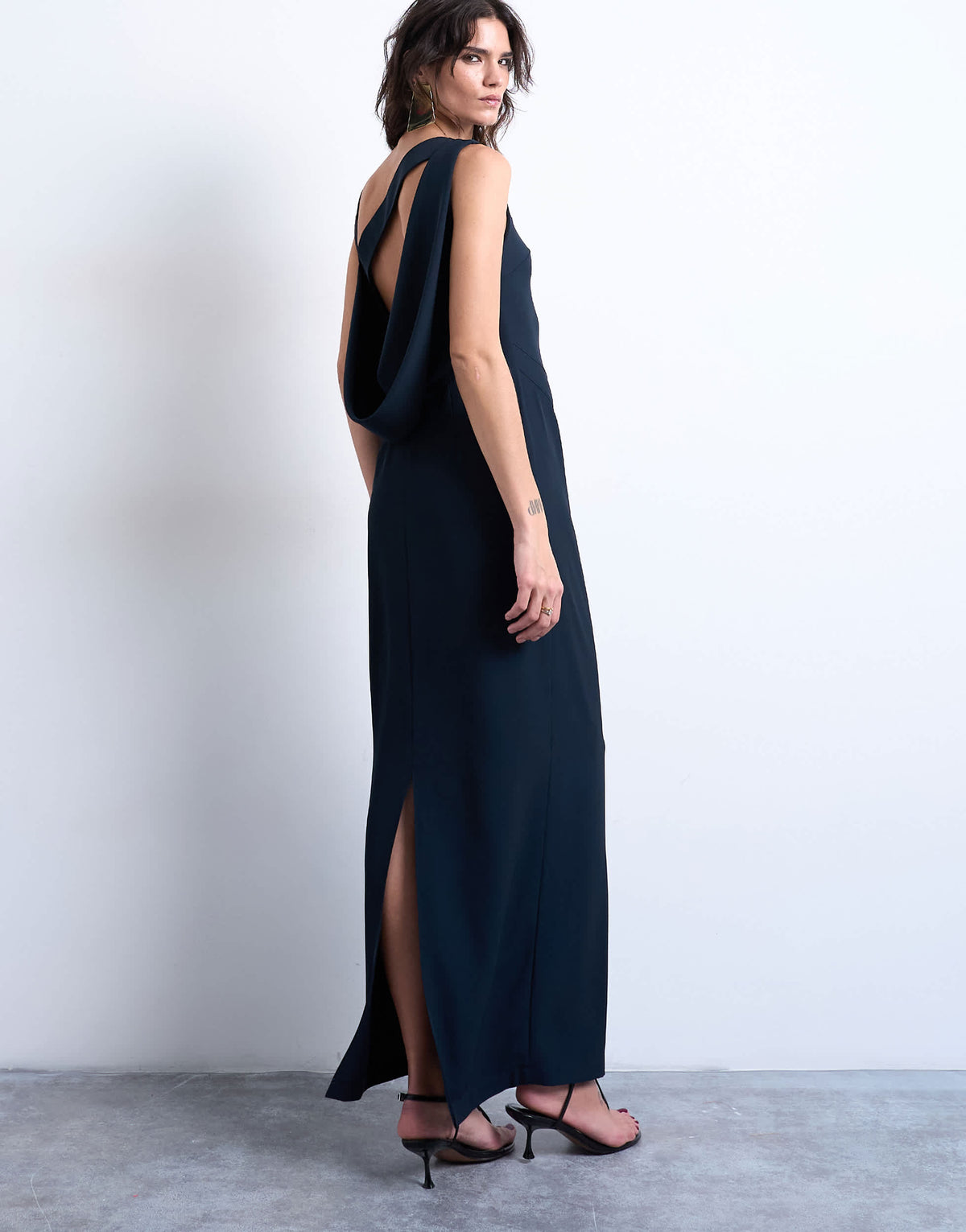 Topshop slash neck drape back maxi dress in navy