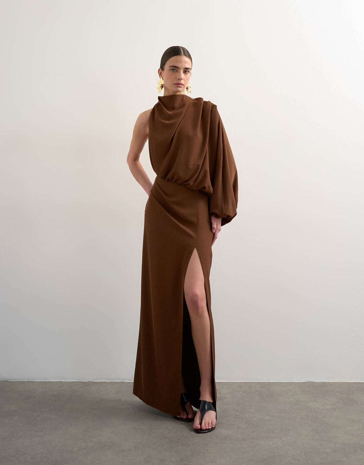 Topshop one sleeve drape maxi dress in chocolate
