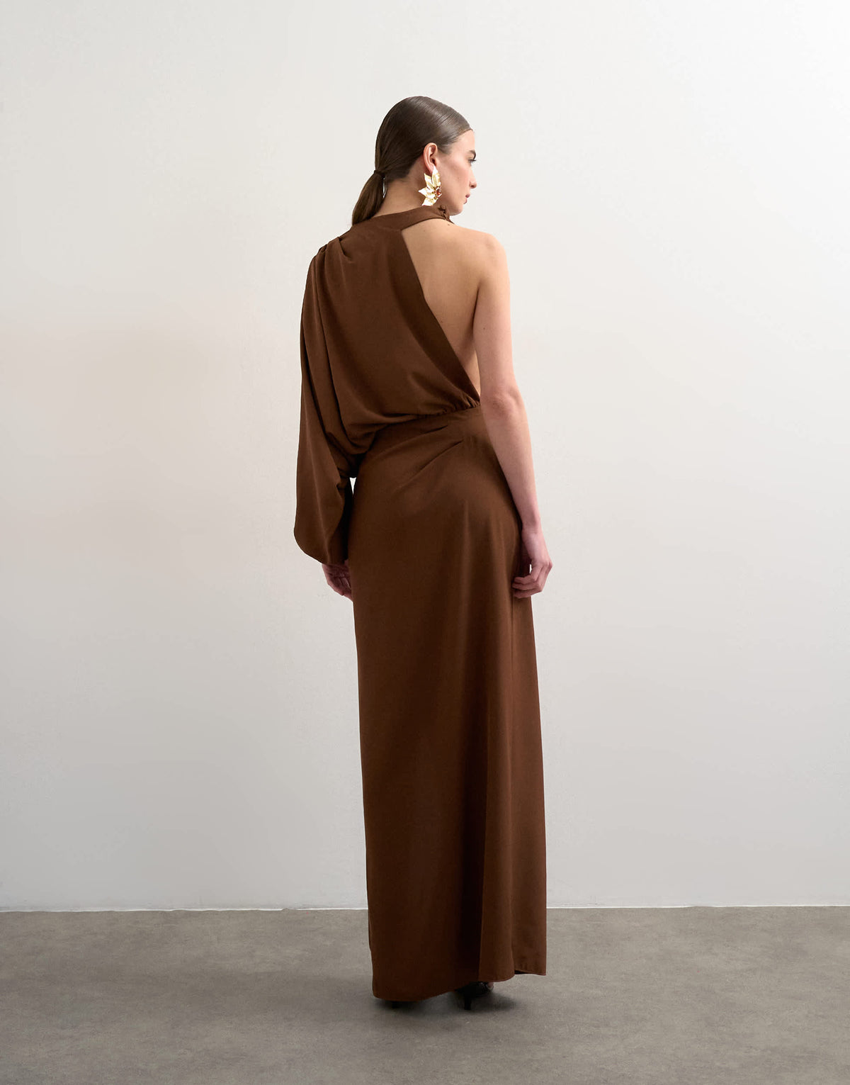 Topshop one sleeve drape maxi dress in chocolate