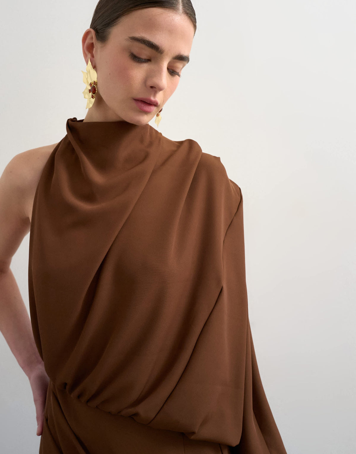 Topshop one sleeve drape maxi dress in chocolate