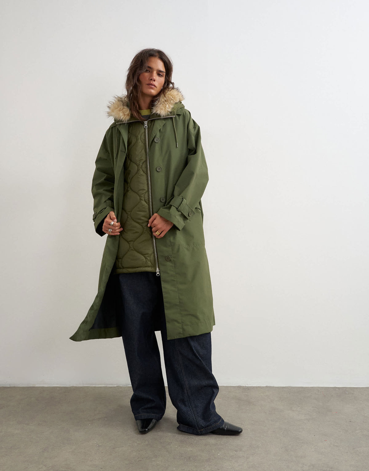 Topshop multiwear longline parka with faux fur hood in khaki