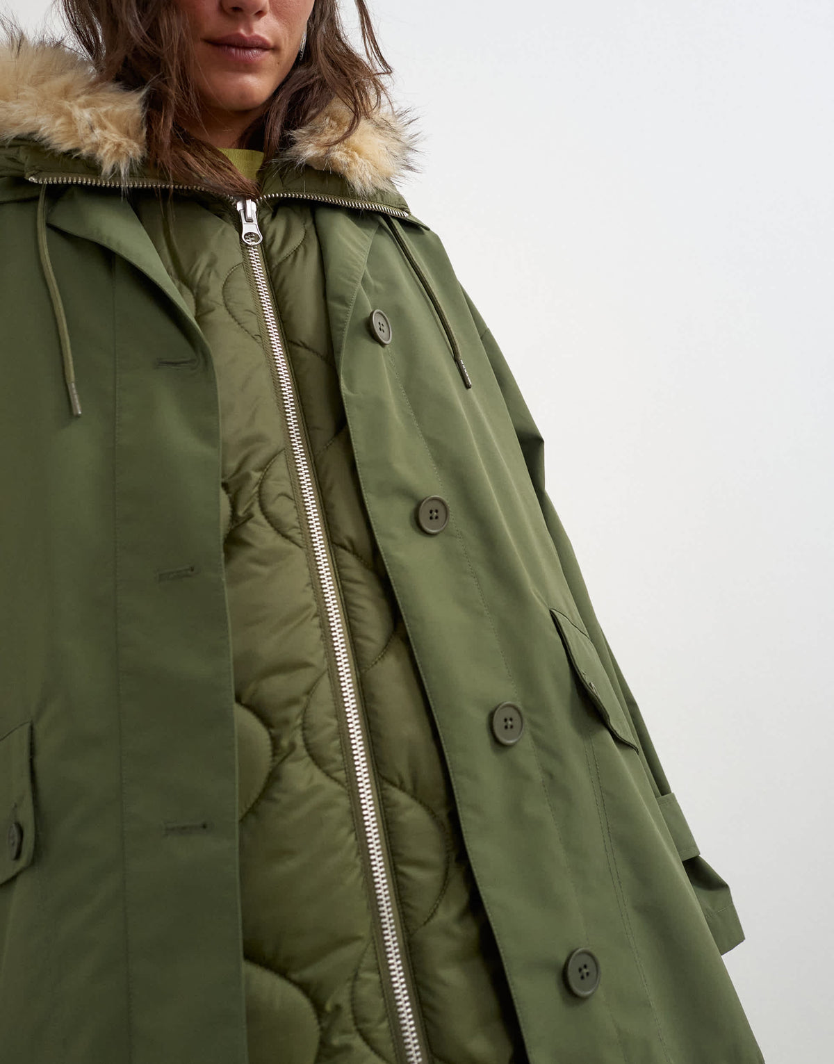 Topshop multiwear longline parka with faux fur hood in khaki