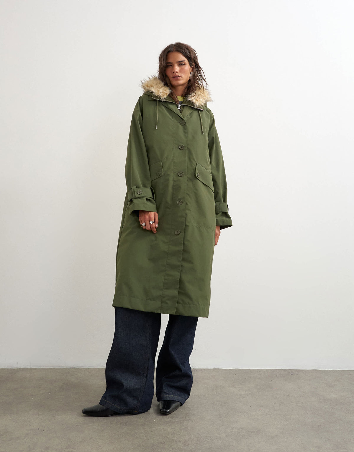 Topshop multiwear longline parka with faux fur hood in khaki