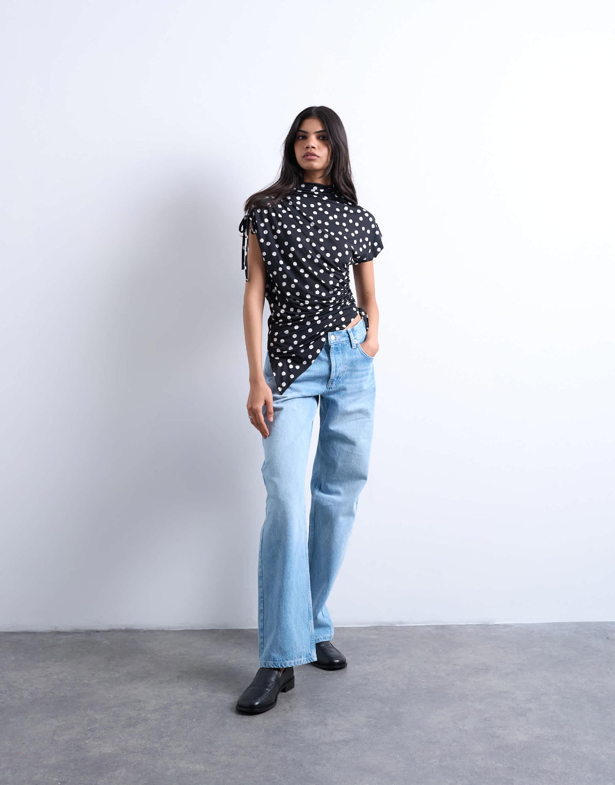 Topshop polka dot print asymmetric ruched top in black