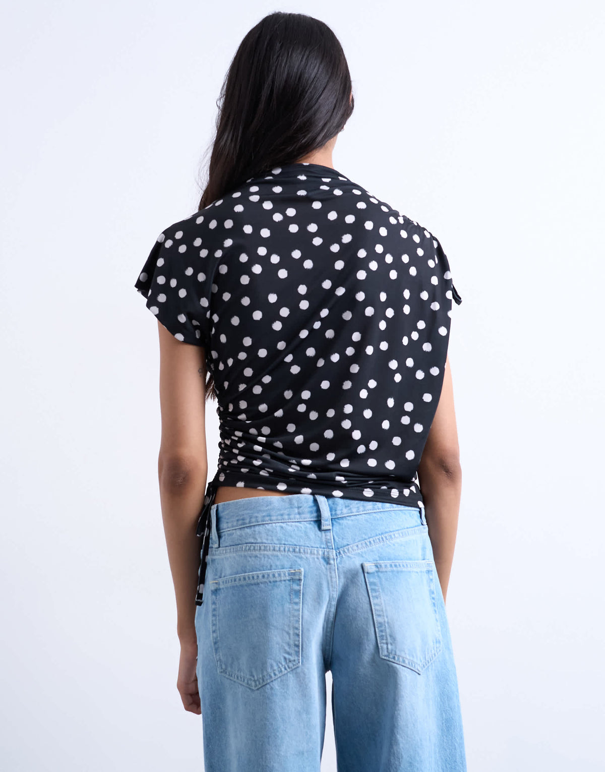 Topshop polka dot print asymmetric ruched top in black