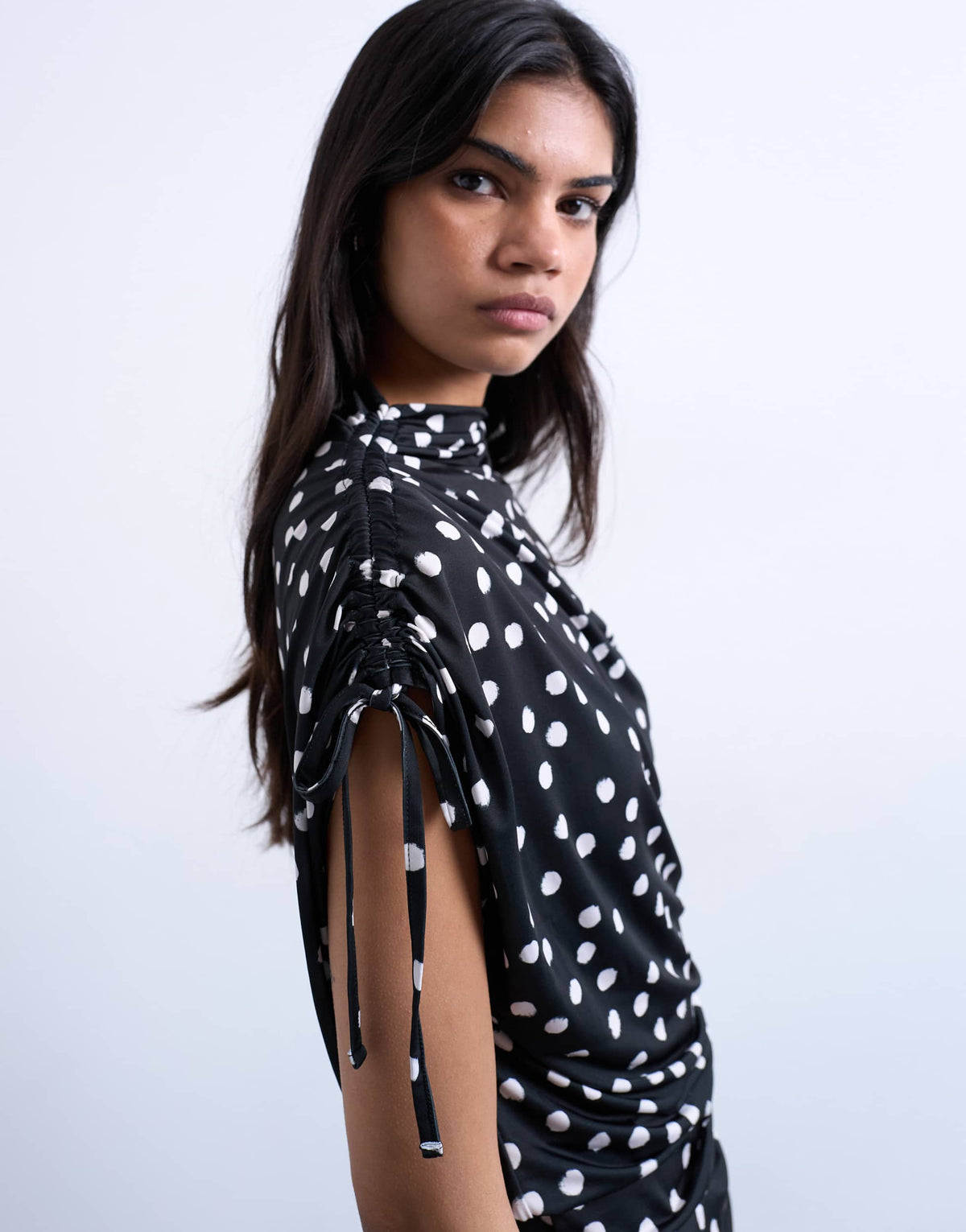 Topshop polka dot print asymmetric ruched top in black