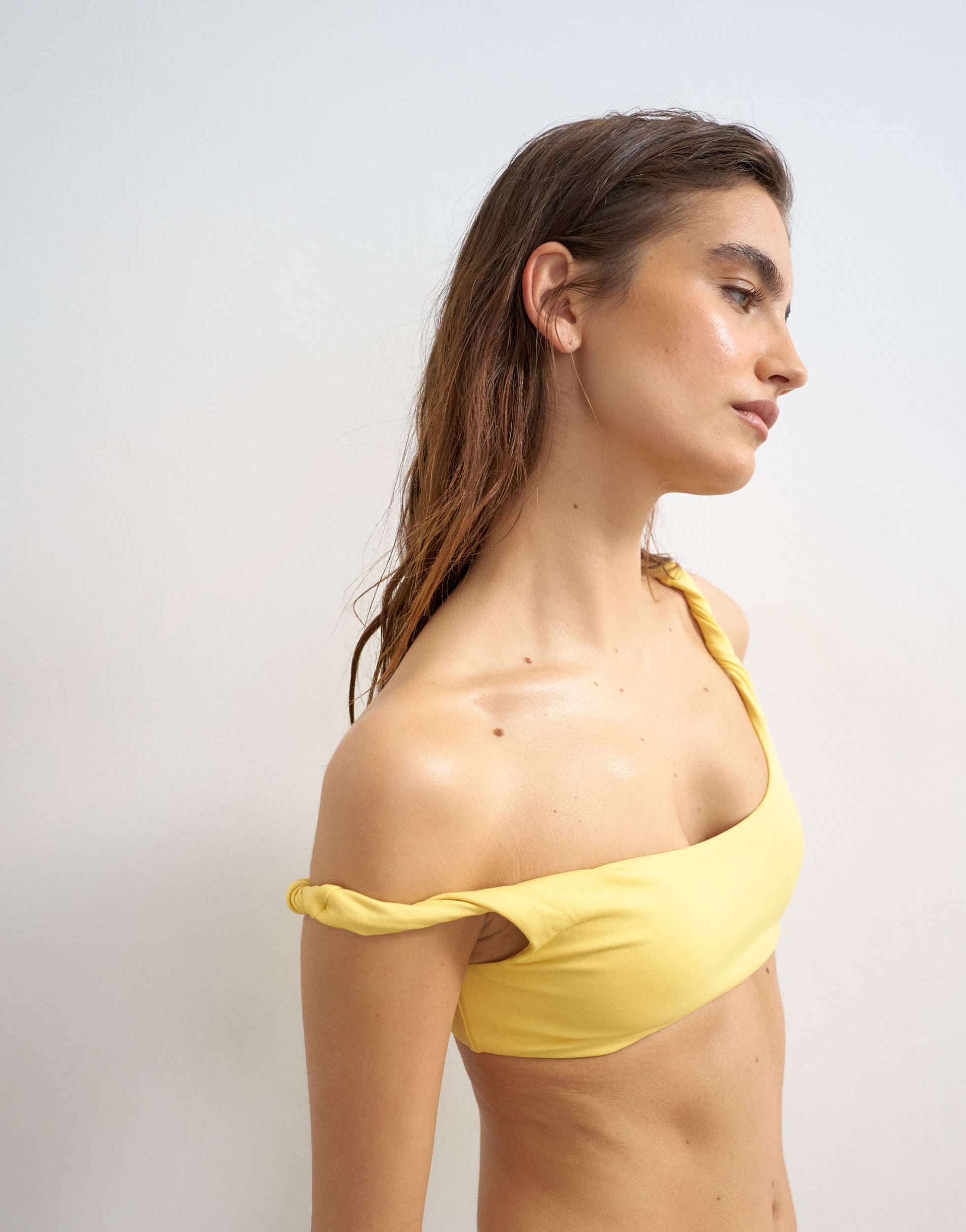 Topshop Tiana off shoulder bikini top with twist in yellow