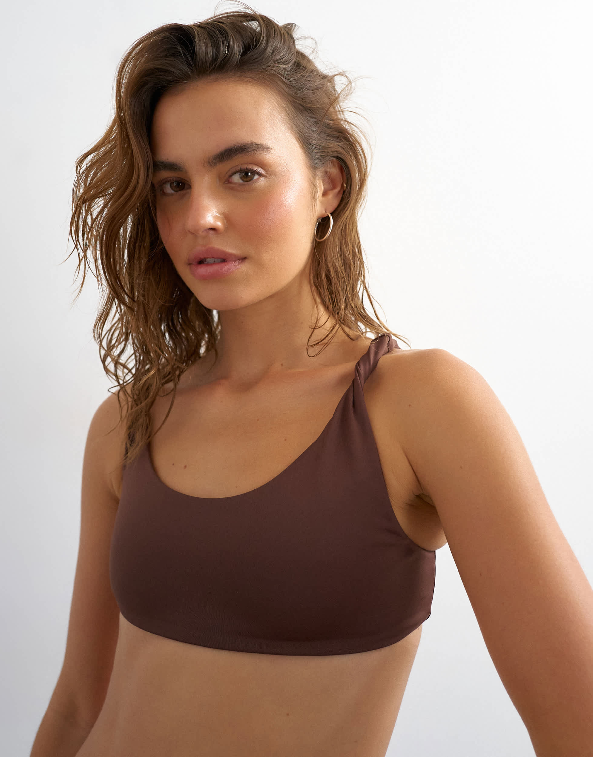 Topshop Tiana bandeau bikini top with twisted strap in chocolate