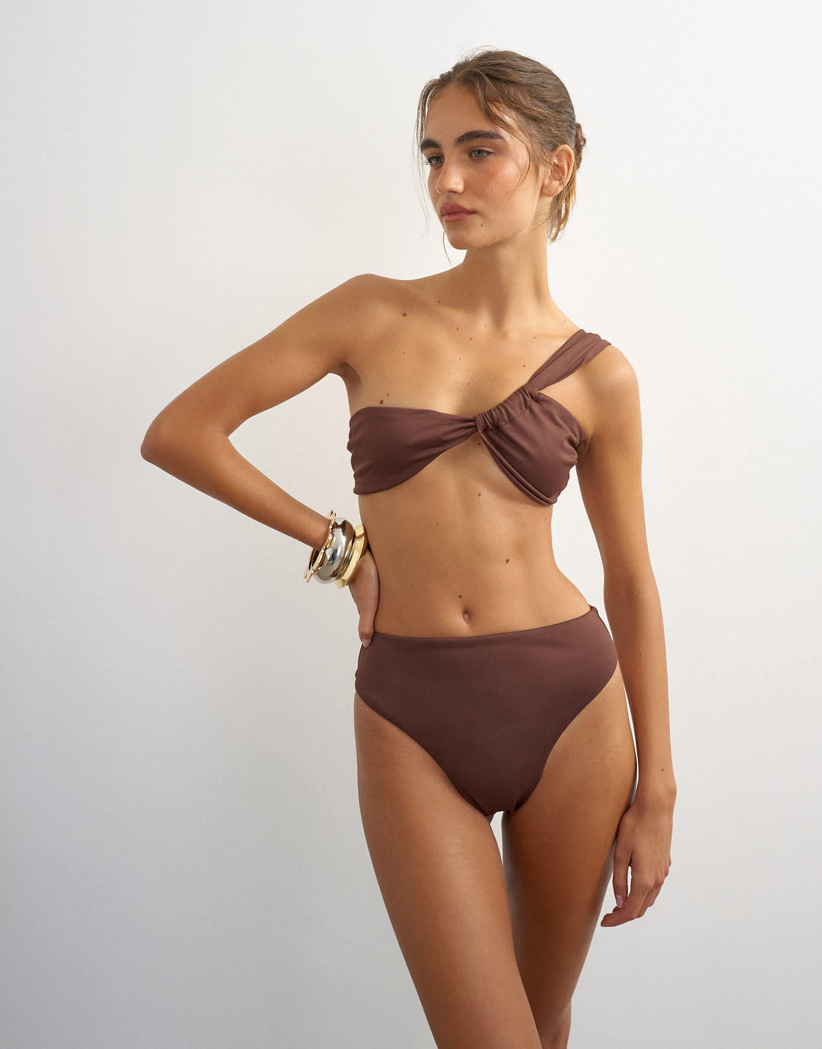 Topshop Tiana bandeau bikini top with twisted strap in chocolate