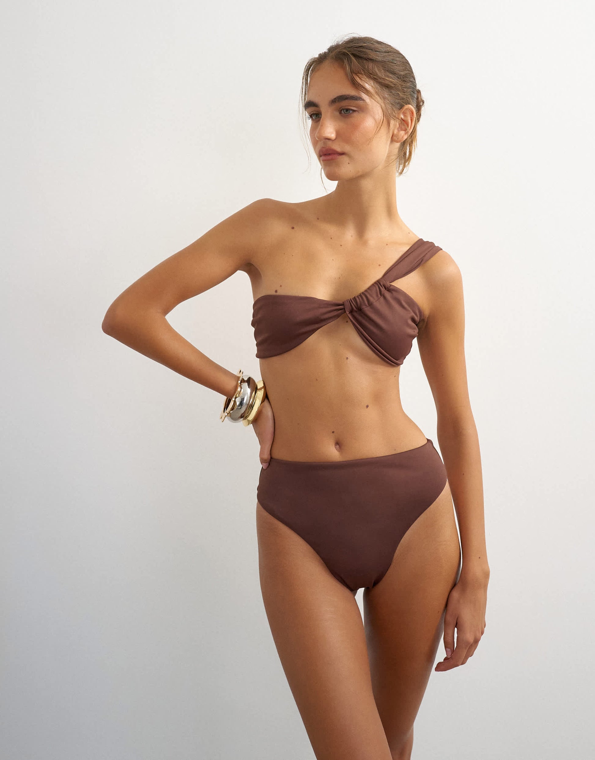 Topshop Tiana bandeau bikini top with twisted strap in chocolate