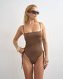 Topshop Chloe swimsuit with ruched sides in chocolate glitter