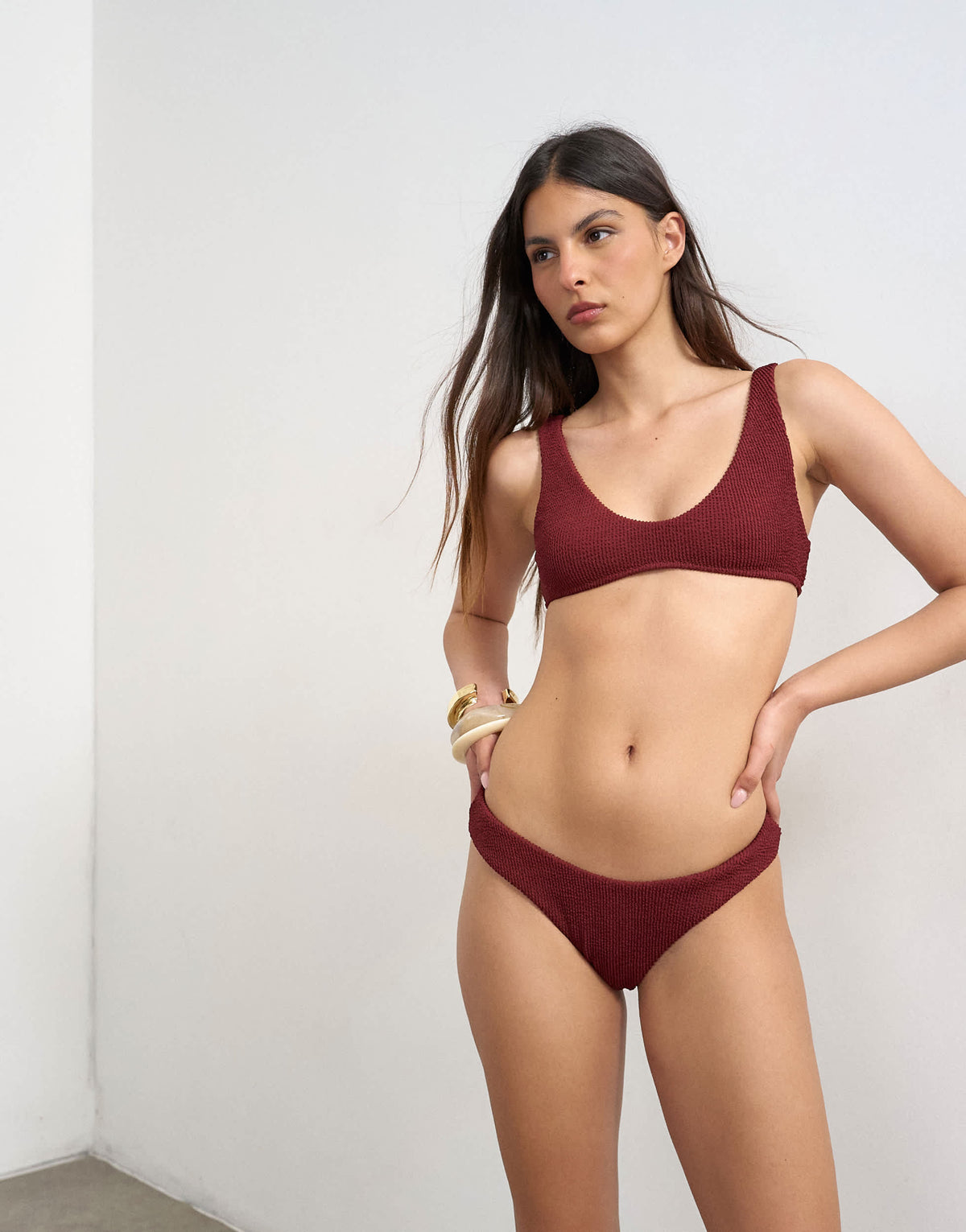 Topshop Tara crinkle high leg cheeky bikini bottom in aubergine