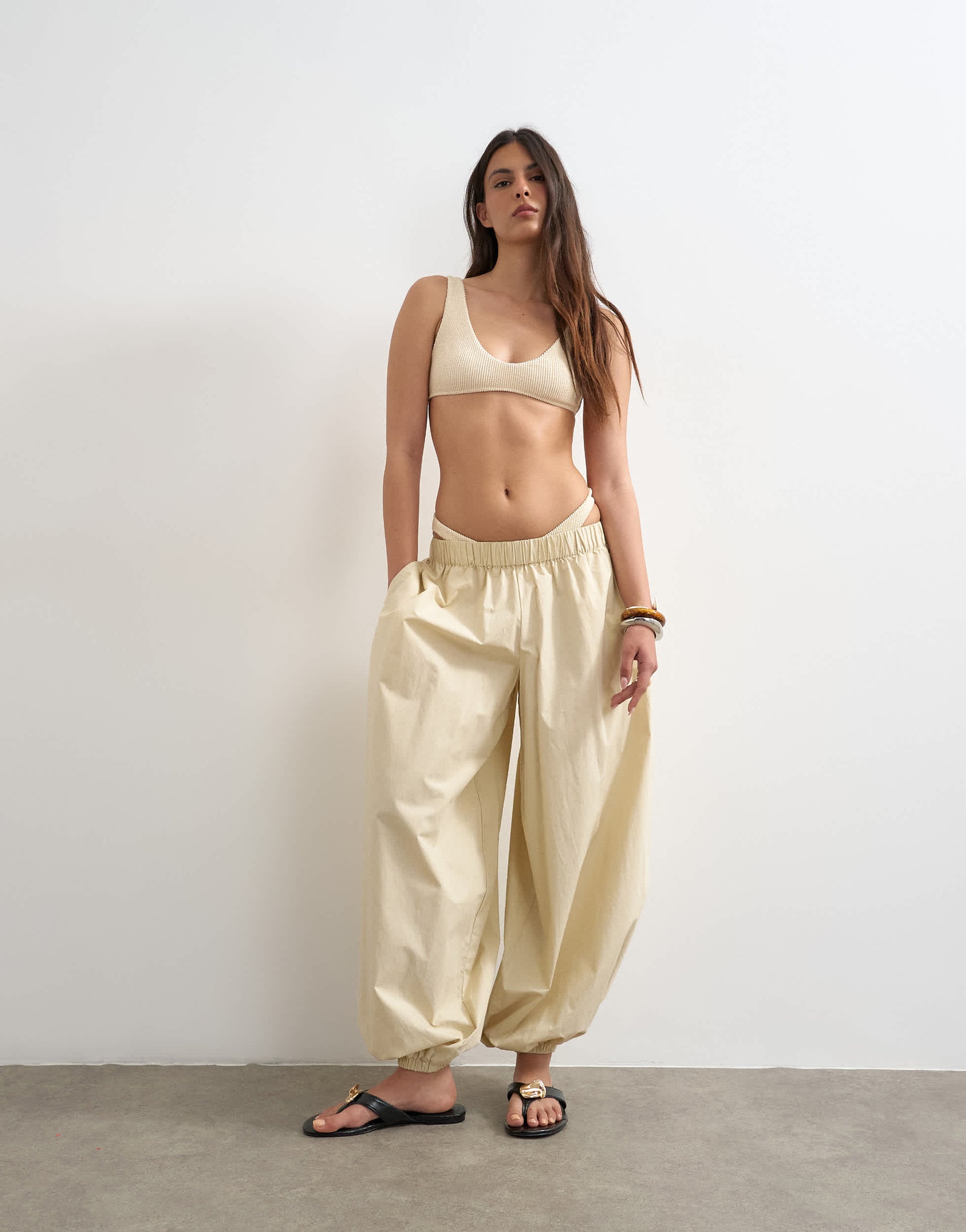 Topshop Tara crinkle scoop bikini top in off white
