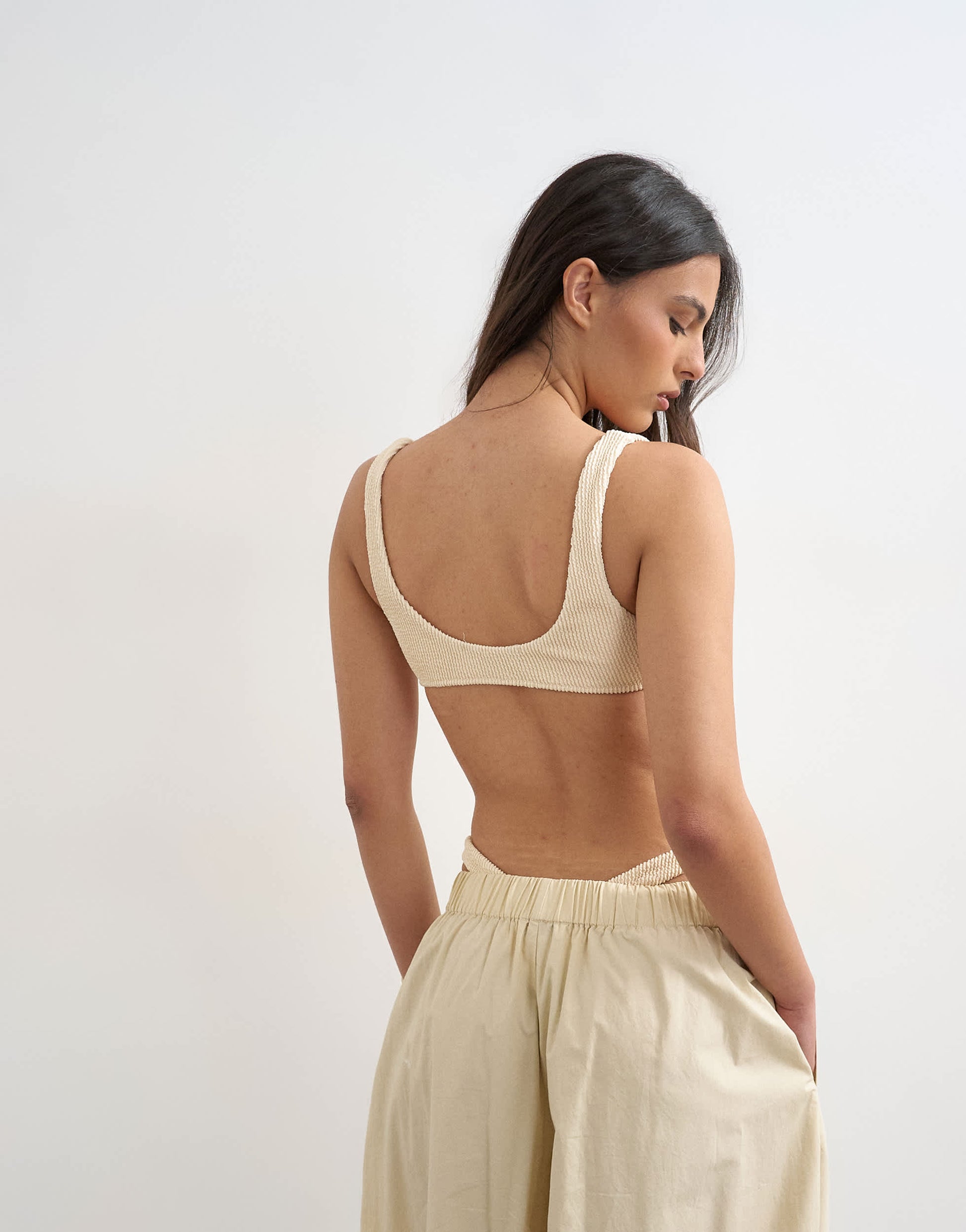Topshop Tara crinkle scoop bikini top in off white