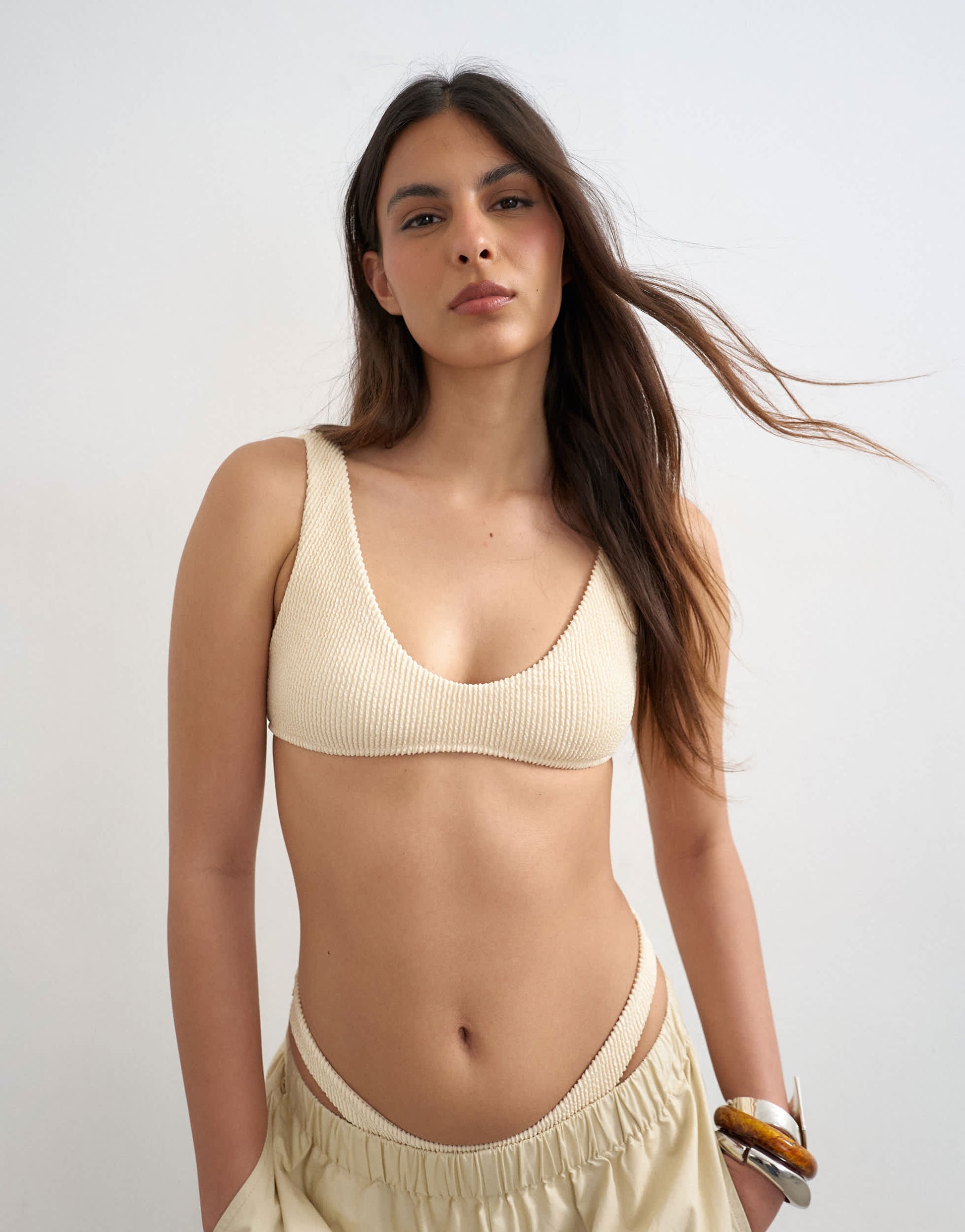Topshop Tara crinkle scoop bikini top in off white