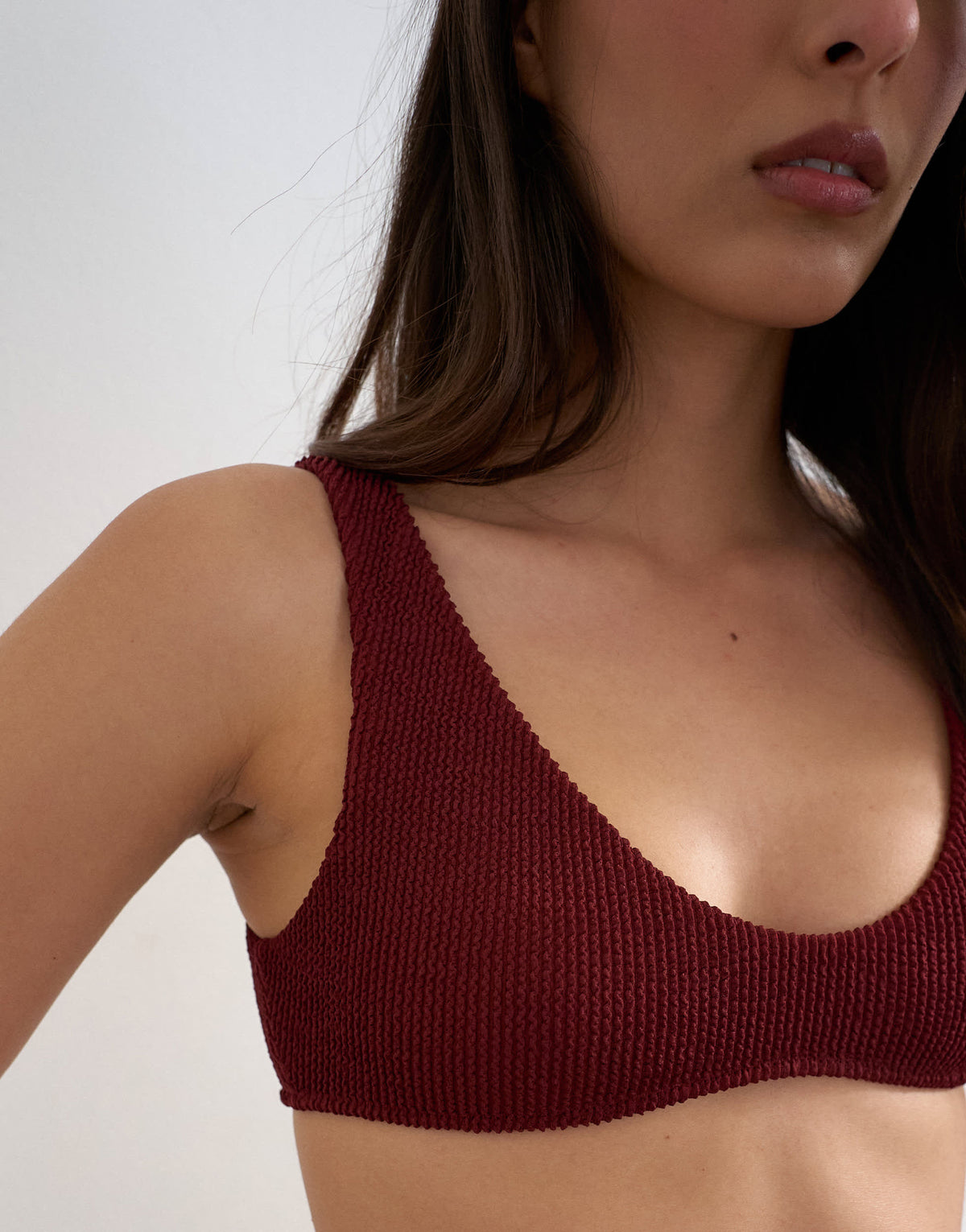 Topshop Tara crinkle scoop bikini top in aubergine