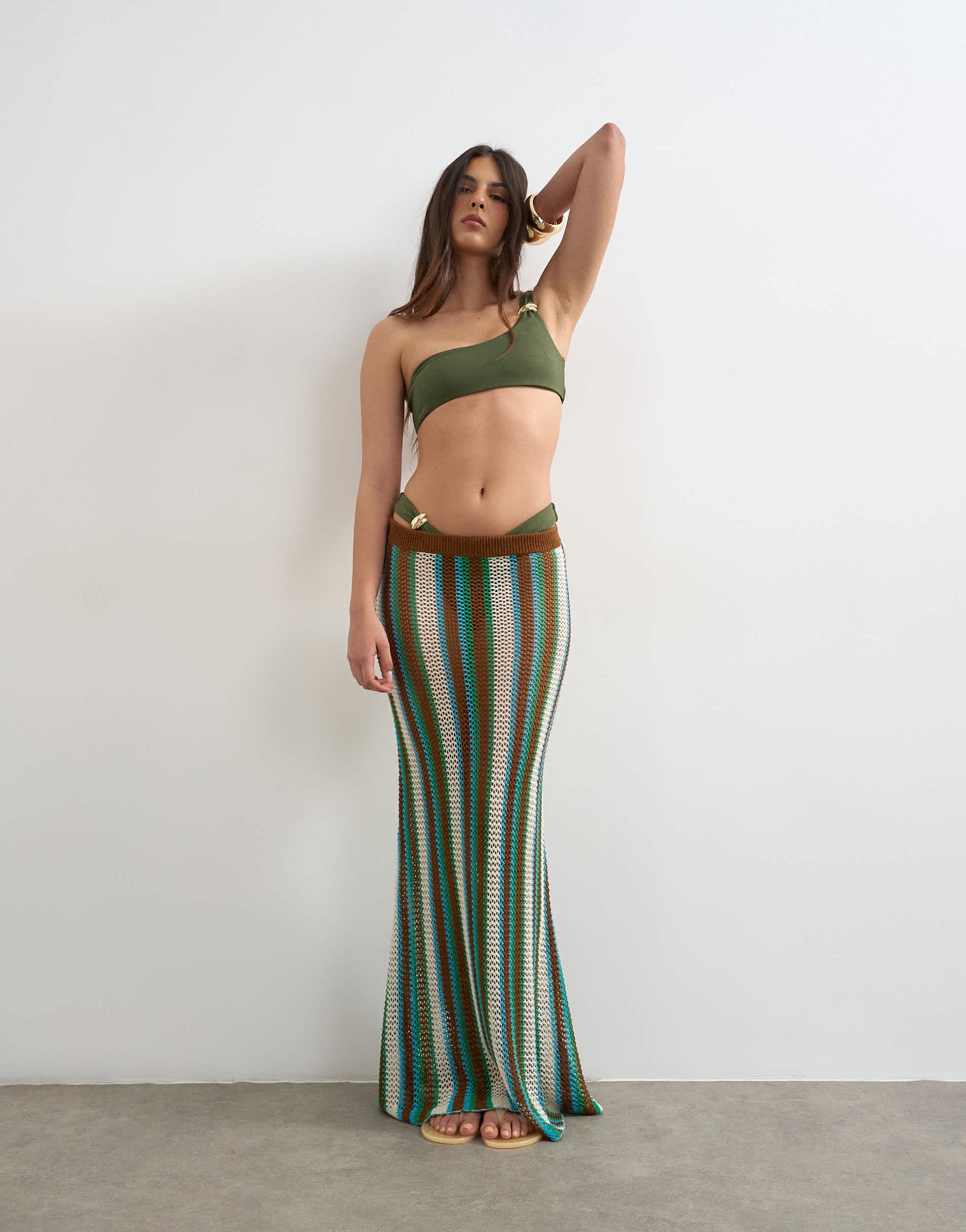 Topshop Tatum one shoulder bikini top with hardware in khaki 