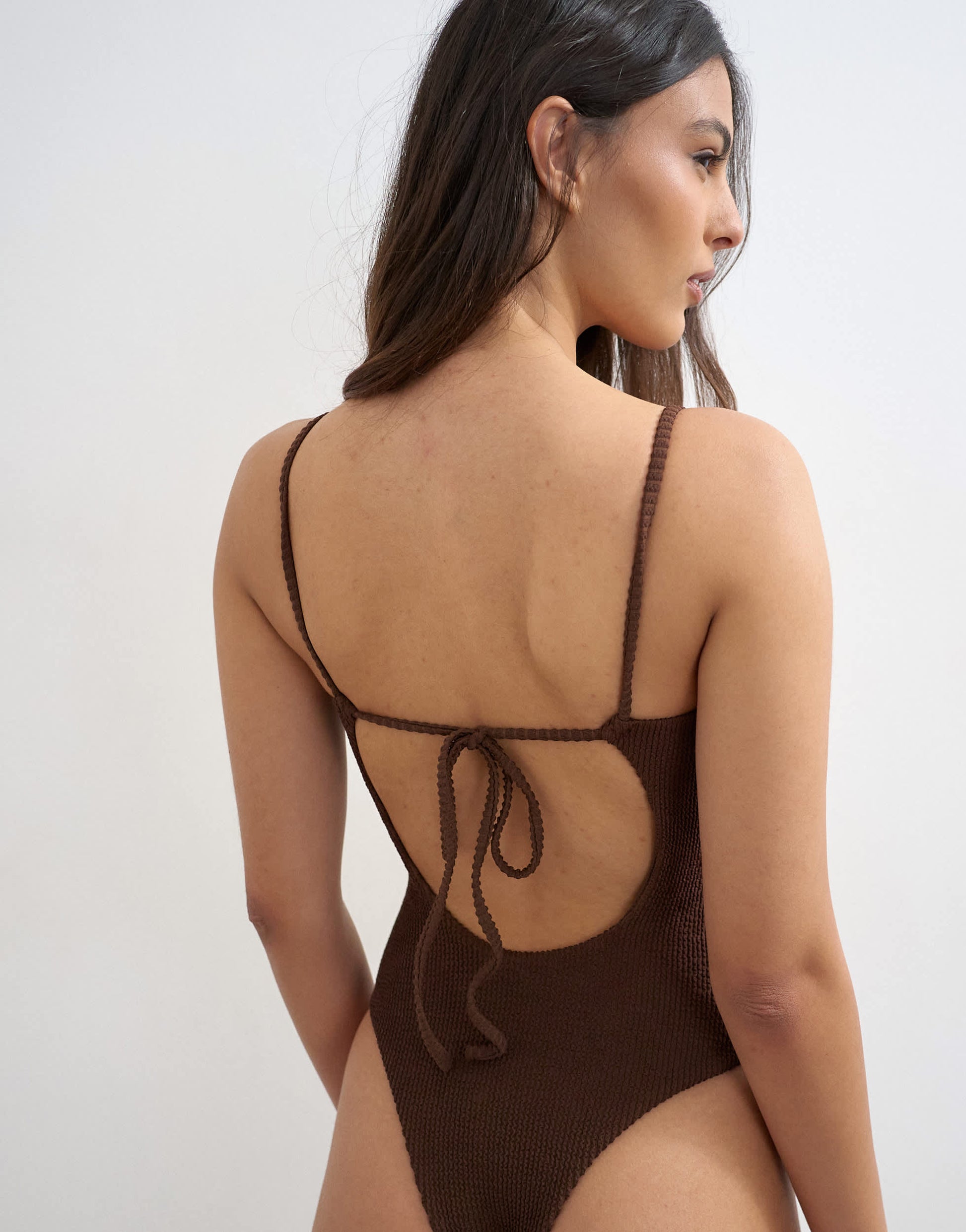 Topshop Cooper square neck swimsuit in chocolate