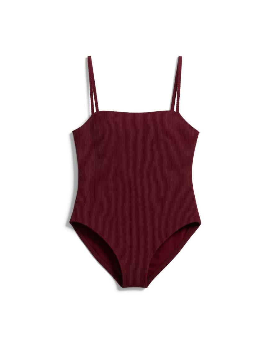 Topshop Cooper square neck crinkle swimsuit in aubergine