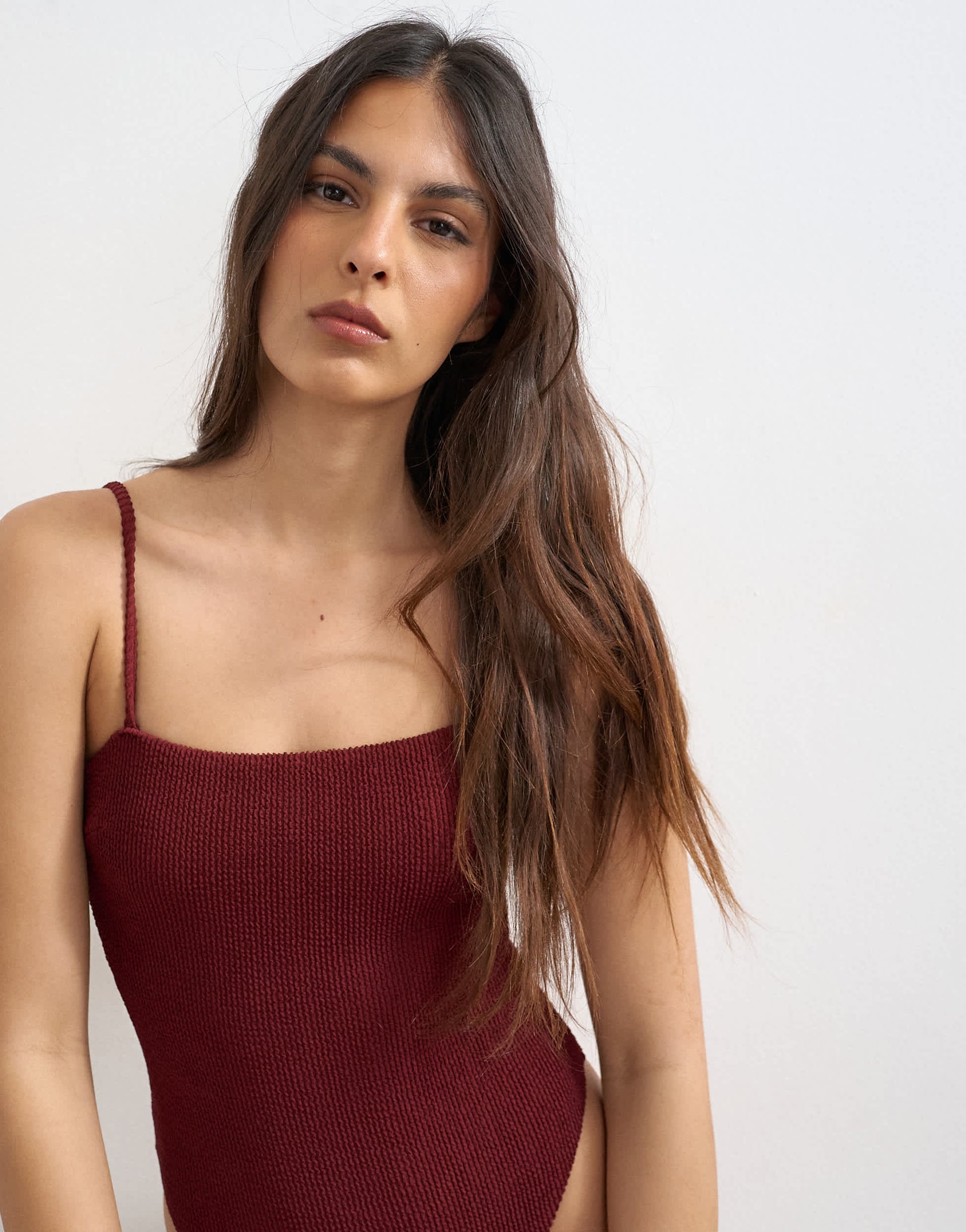 Topshop Cooper square neck crinkle swimsuit in aubergine
