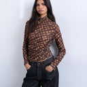 Topshop high neck ruched check print long sleeve top in brown