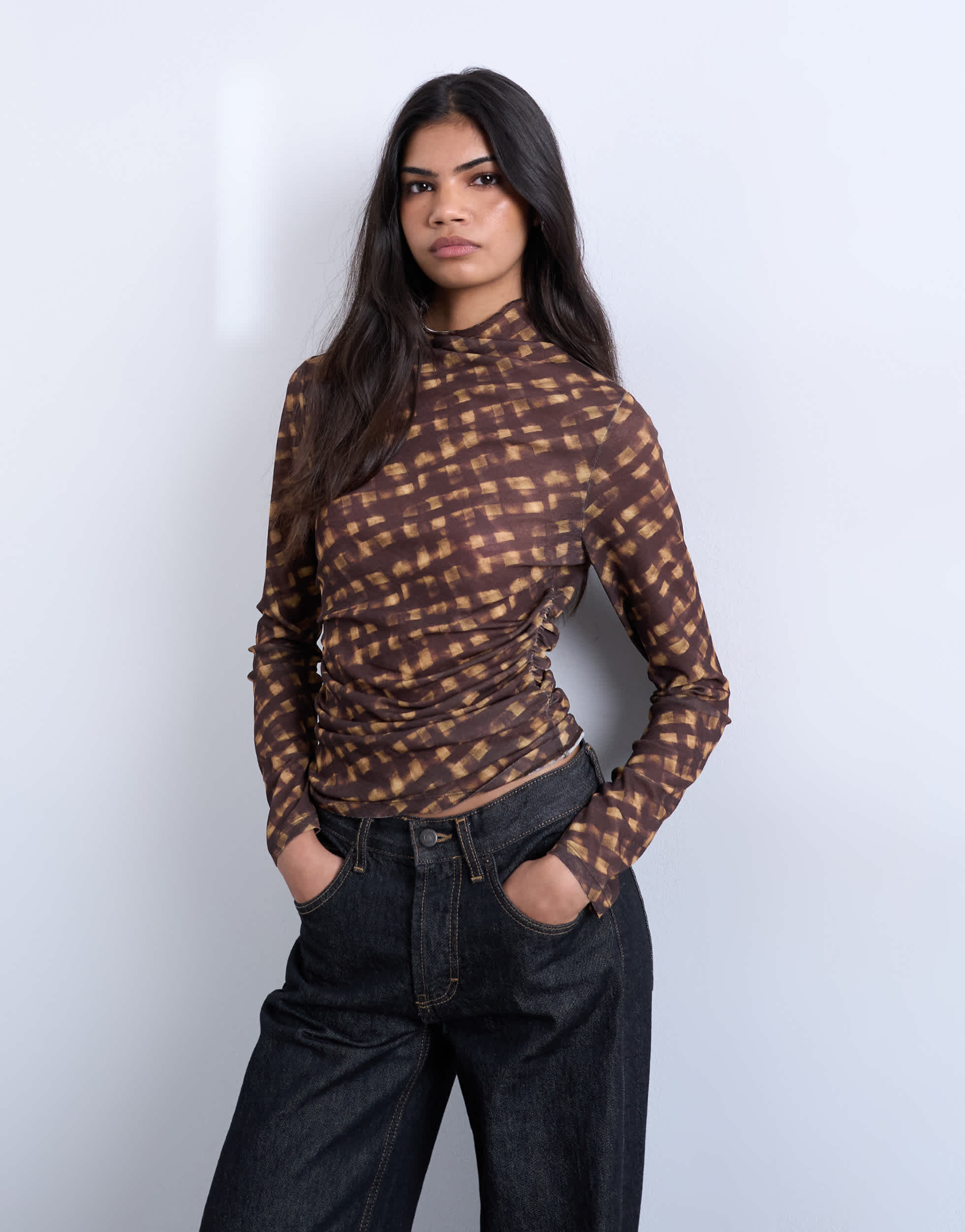 Topshop high neck ruched check print long sleeve top in brown