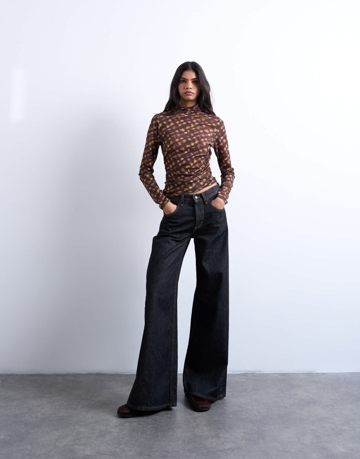Topshop high neck ruched check print long sleeve top in brown