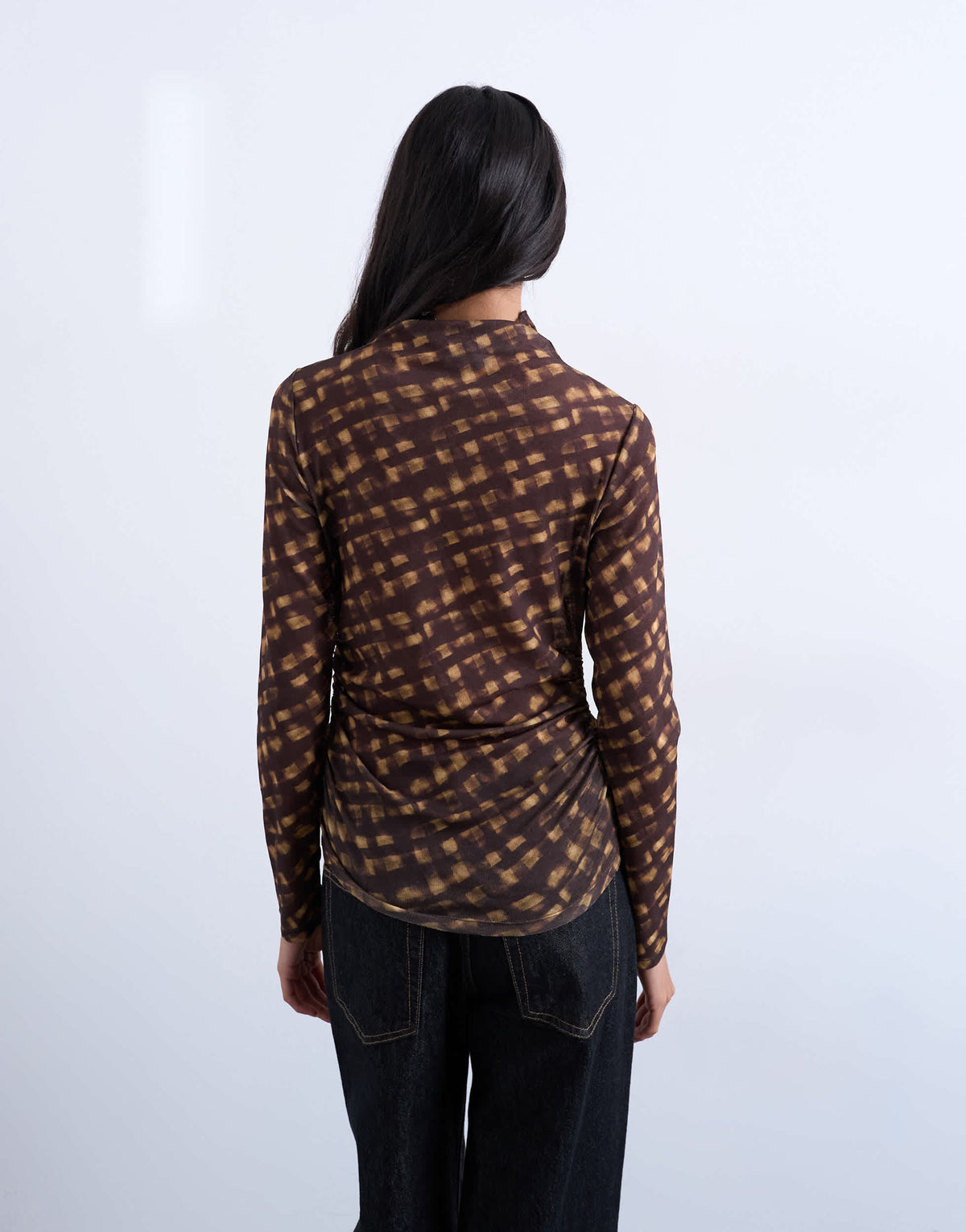 Topshop high neck ruched check print long sleeve top in brown