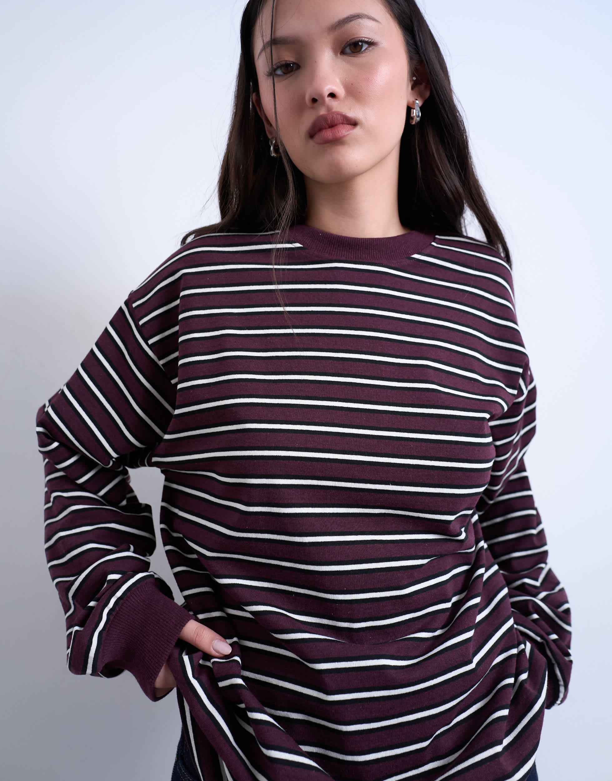 Topshop stripe long sleeve slouchy skater tee in burgundy