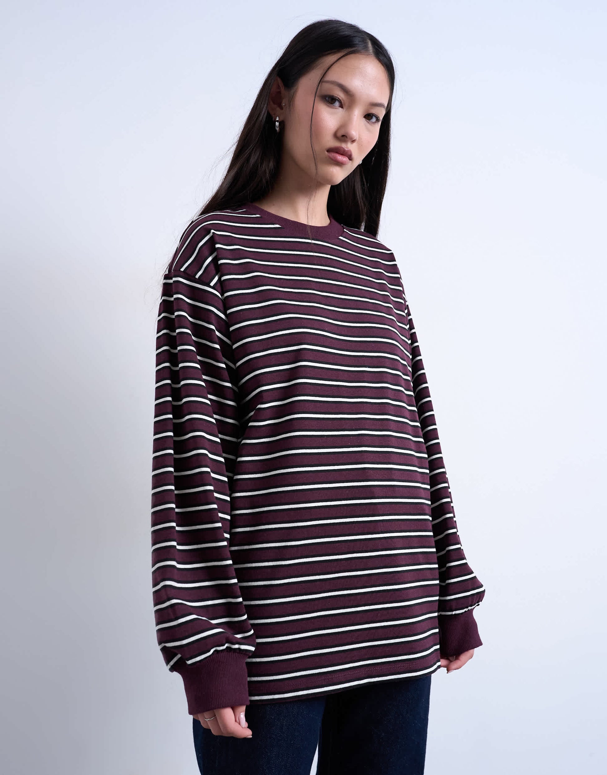 Topshop stripe long sleeve slouchy skater tee in burgundy