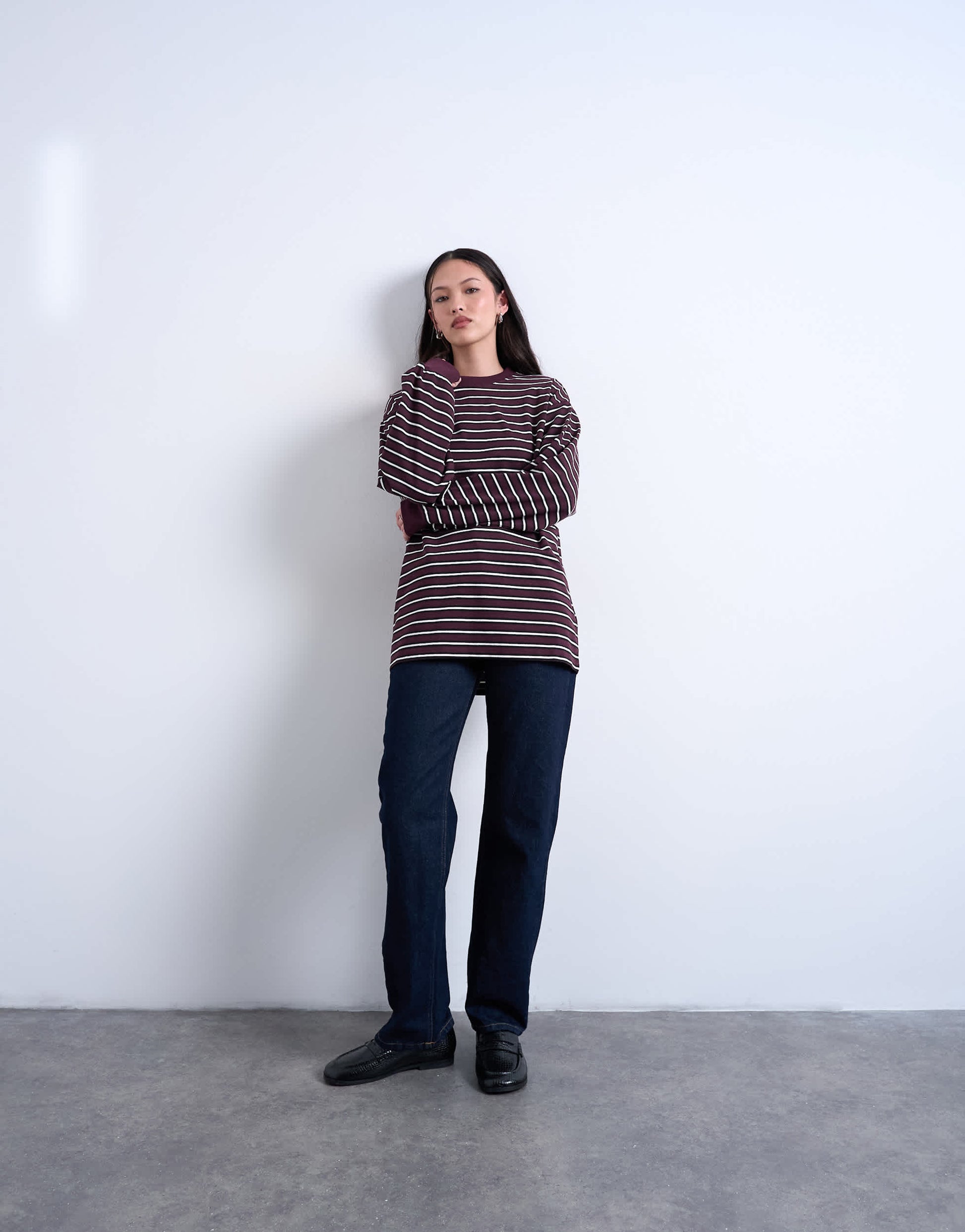 Topshop stripe long sleeve slouchy skater tee in burgundy
