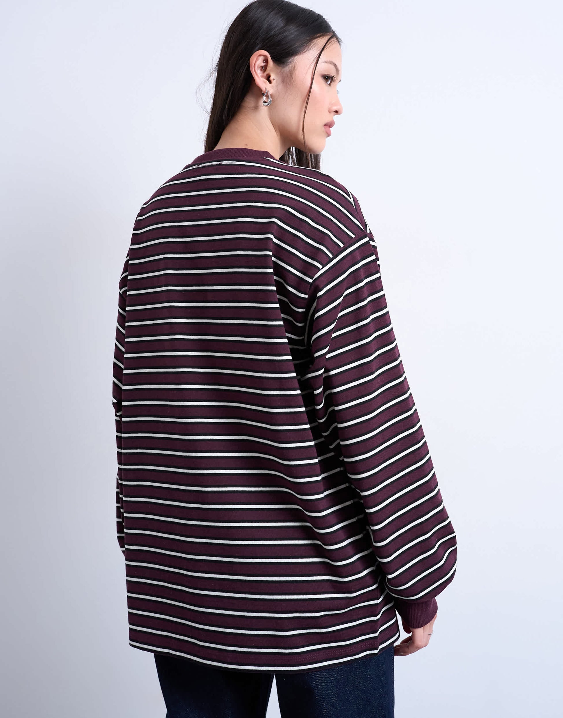 Topshop stripe long sleeve slouchy skater tee in burgundy