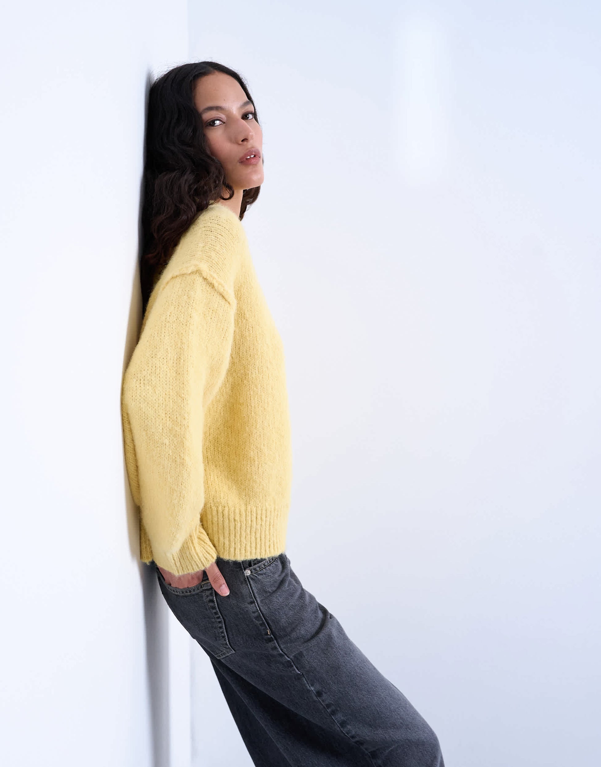 Topshop knitted wool blend fluffy exposed seam easy jumper in butter yellow