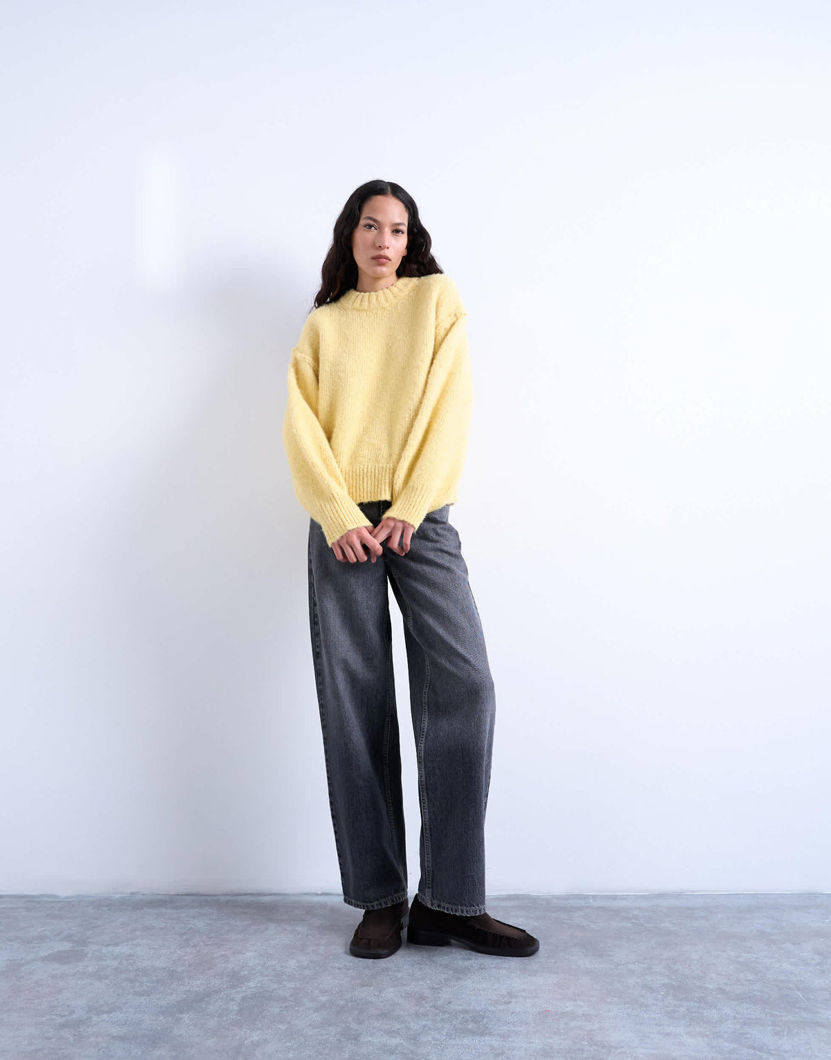 Topshop knitted wool blend fluffy exposed seam easy jumper in butter yellow