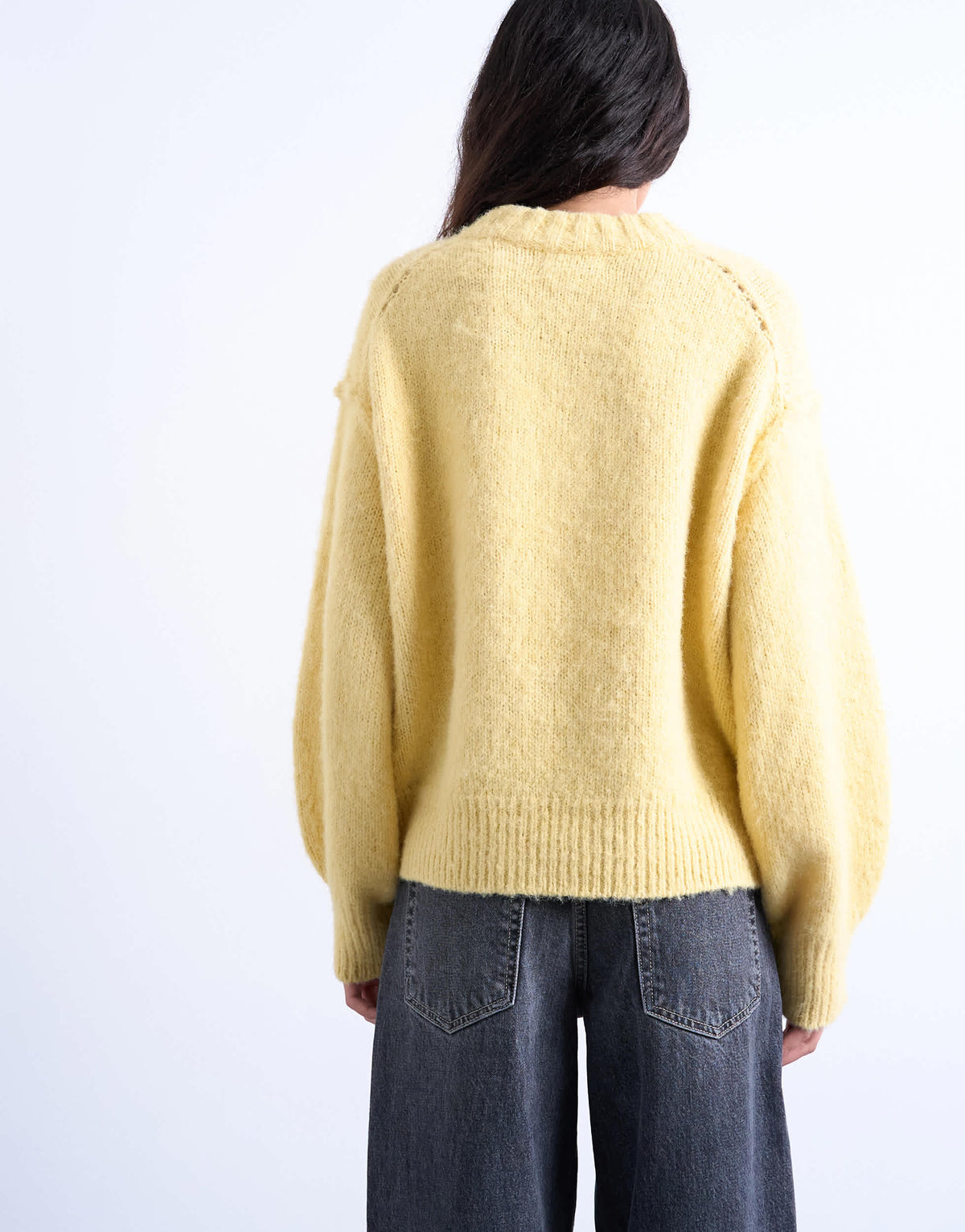 Topshop knitted wool blend fluffy exposed seam easy jumper in butter yellow