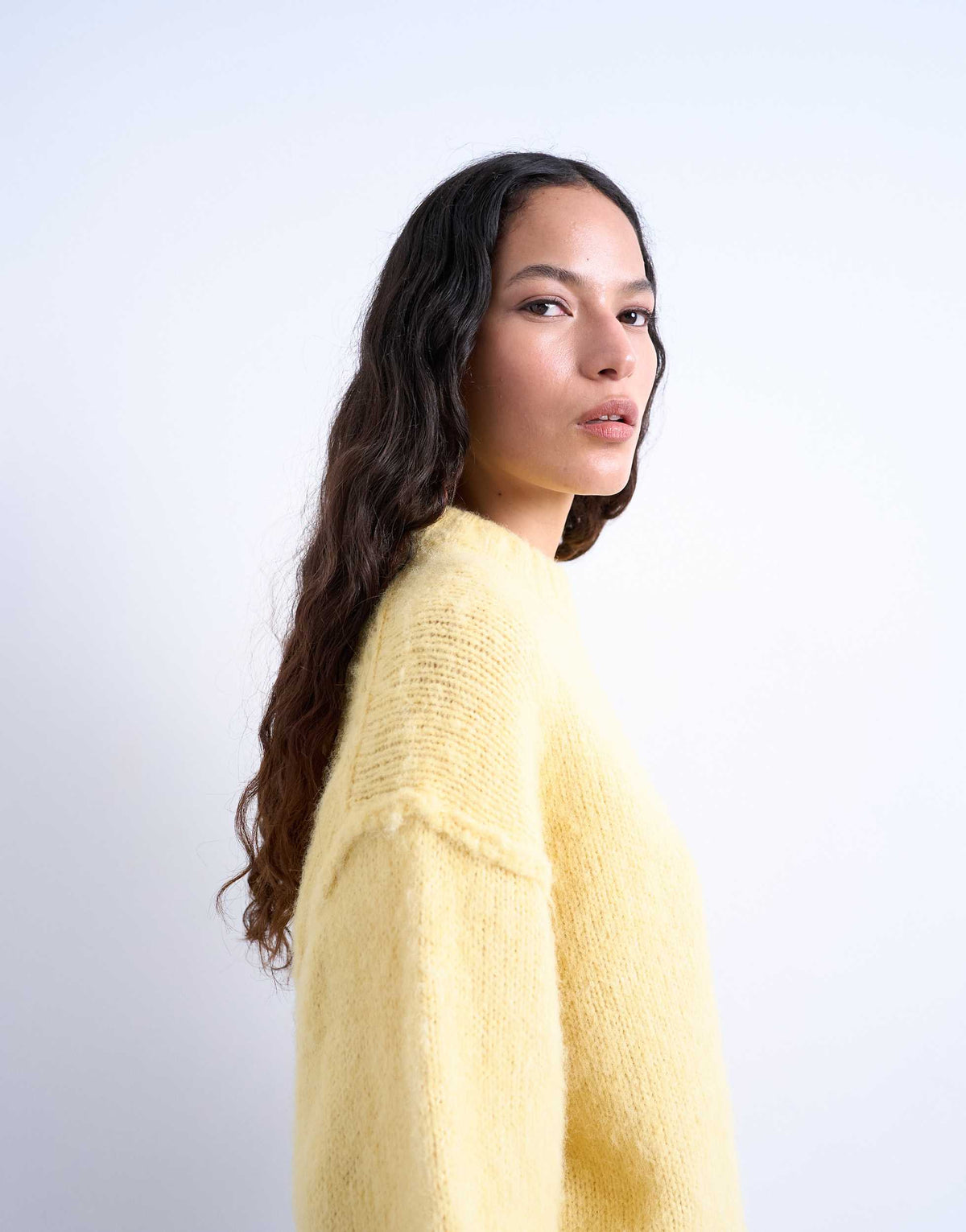 Topshop knitted wool blend fluffy exposed seam easy jumper in butter yellow