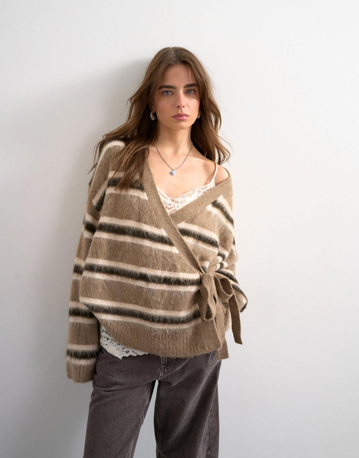 Topshop knitted fluffy stripe wrap tie cardigan in neutral