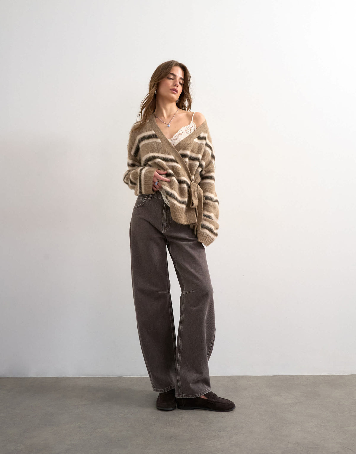 Topshop knitted fluffy stripe wrap tie cardigan in neutral