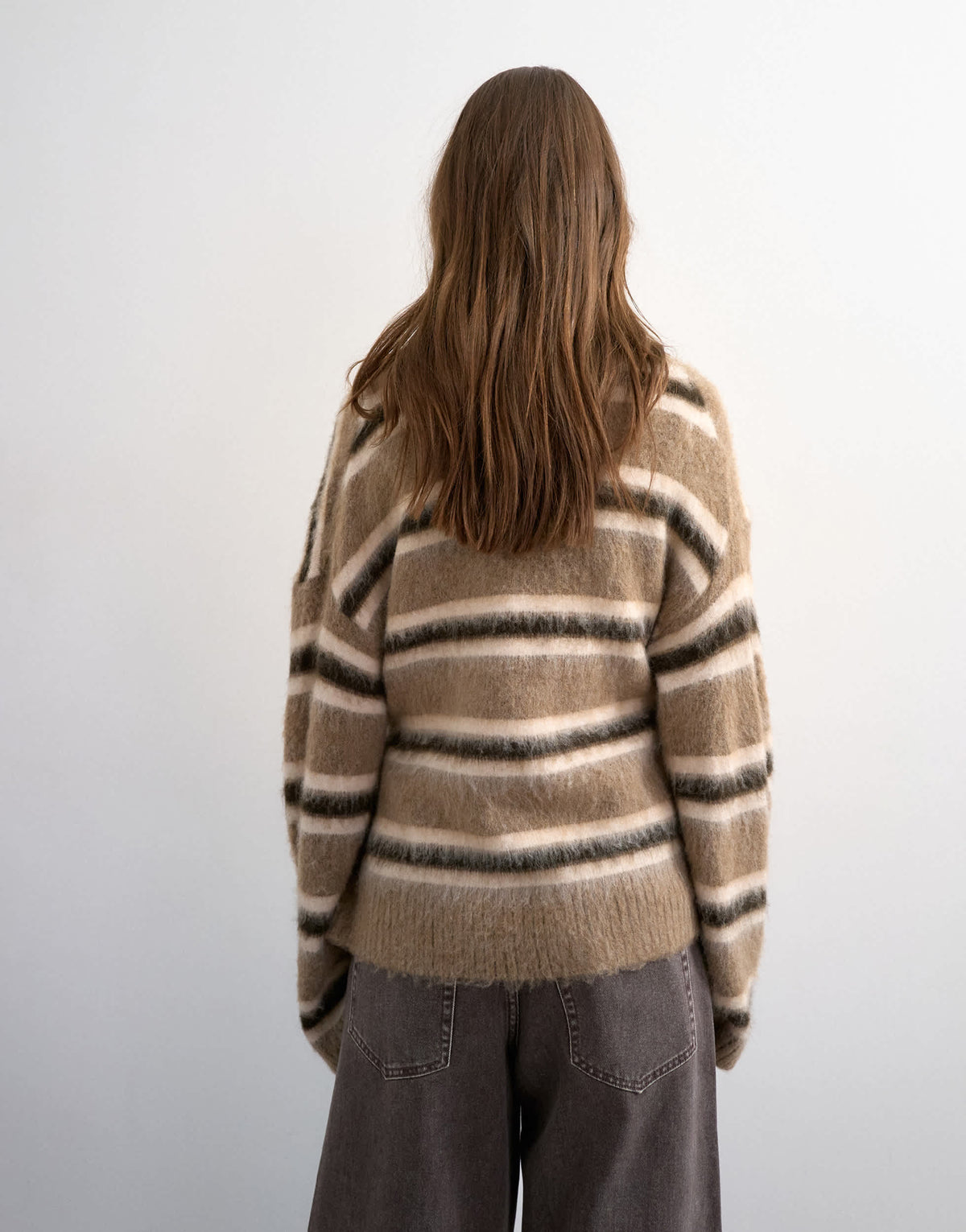 Topshop knitted fluffy stripe wrap tie cardigan in neutral
