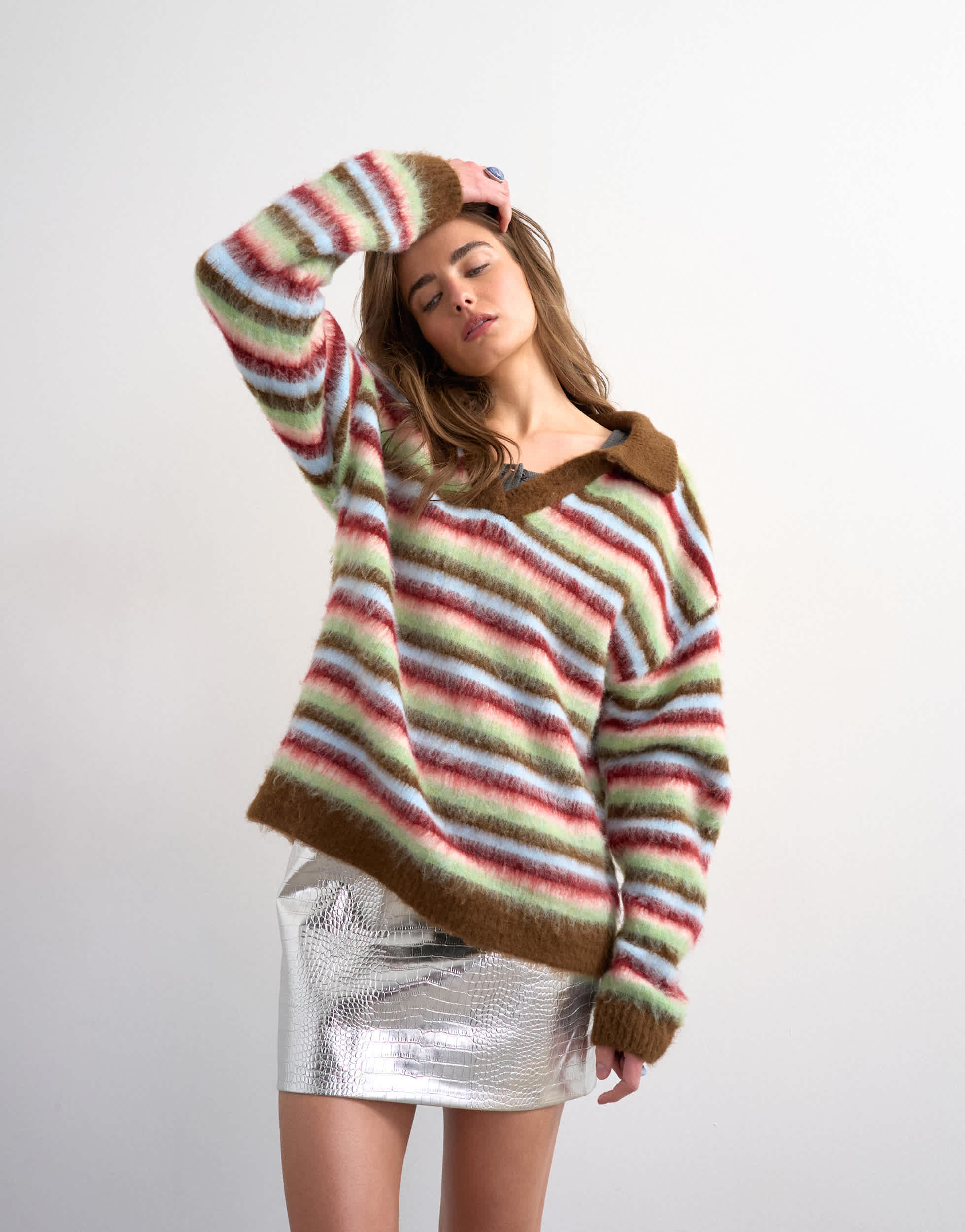 Topshop knitted fluffy stripe polo jumper in multi