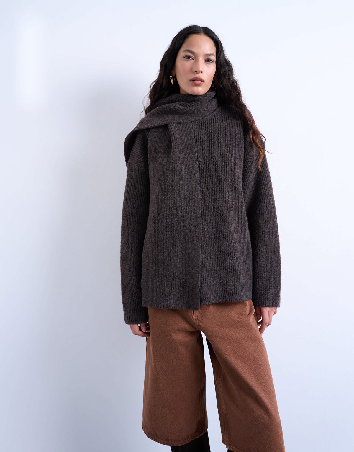 Topshop knitted oversized jumper with scarf in chocolate